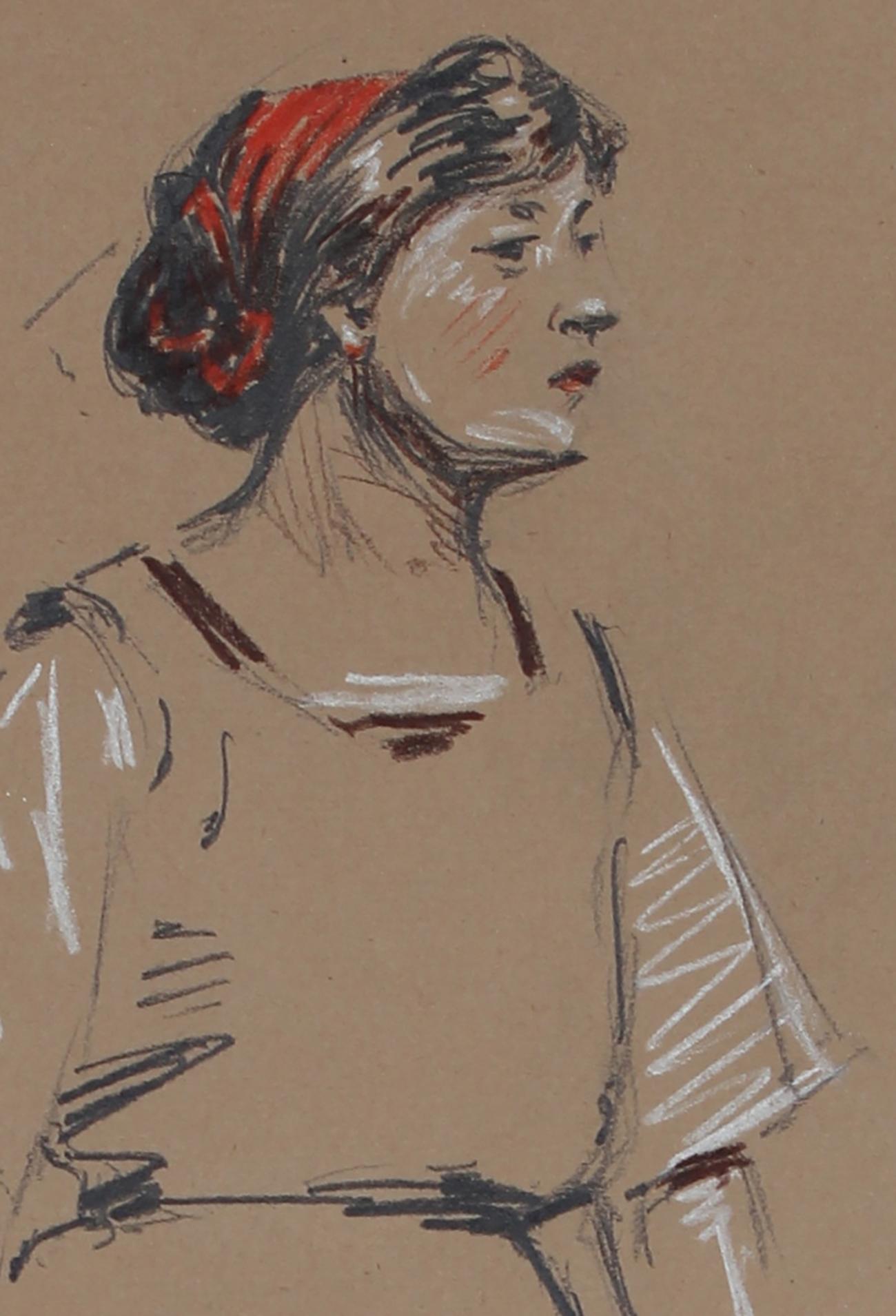 Parisian Woman in Charcoal and Pastel on Paper with Red Headband, 1907 - Painting by John Whitworth Robson