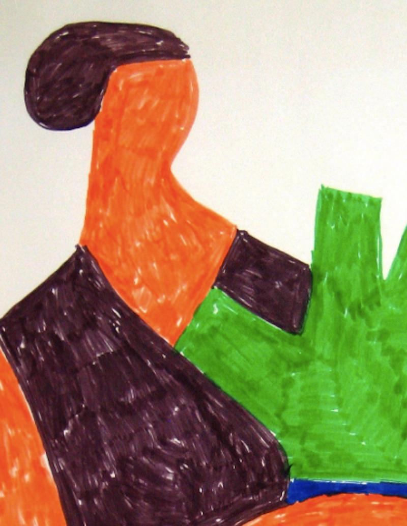 Abstracted Woman with Plant in Orange Green Blue, Felt Marker Drawing, 1970s - American Modern Art by Dellard Cassity