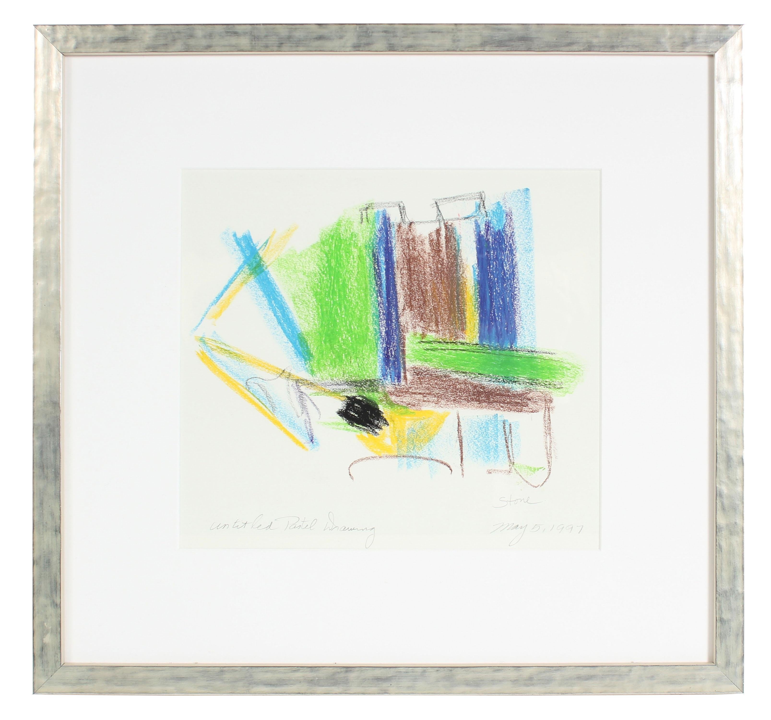 Gwen Stone Abstract Drawing - "Untitled Pastel on Paper", 1997, Angular Abstract in Green, Yellow, Brown, Blue