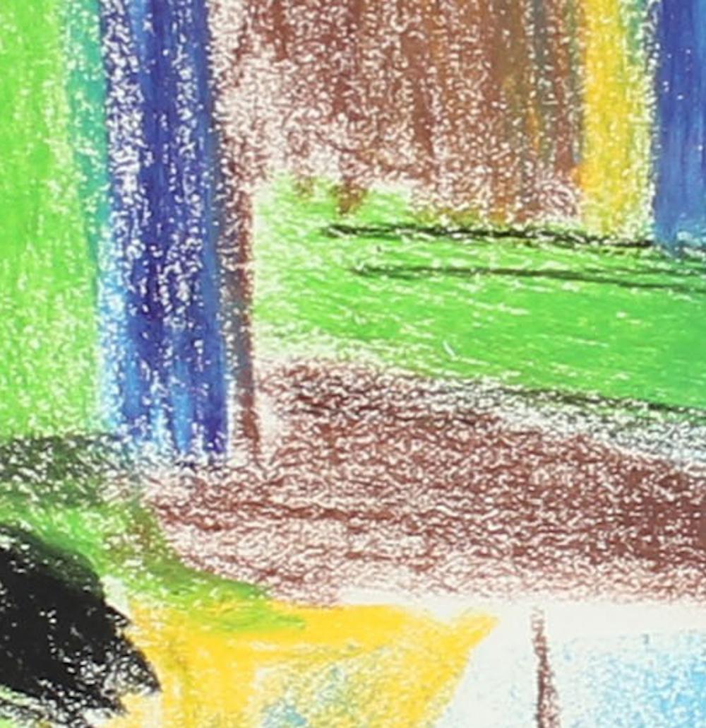 This May 5, 1997 abstract oil pastel on paper drawing with blue, green, yellow and brown entitled 