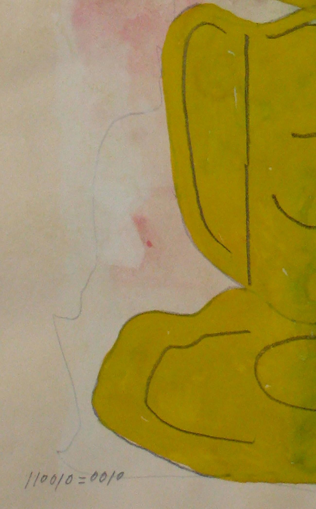 Abstracted Totemic Figure in Gouache with Mustard Yellow Green Pink - Beige Abstract Drawing by Santos Rene Irizarry