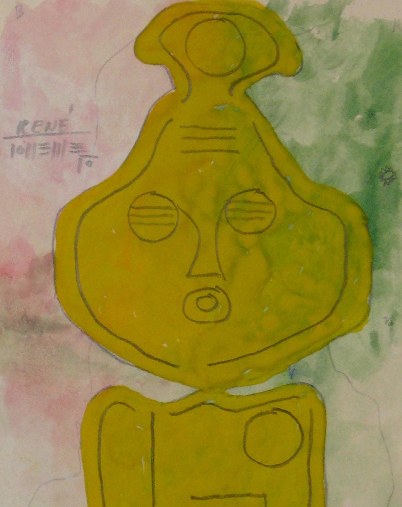 Abstracted Totemic Figure in Gouache with Mustard Yellow Green Pink - Modern Art by Santos Rene Irizarry
