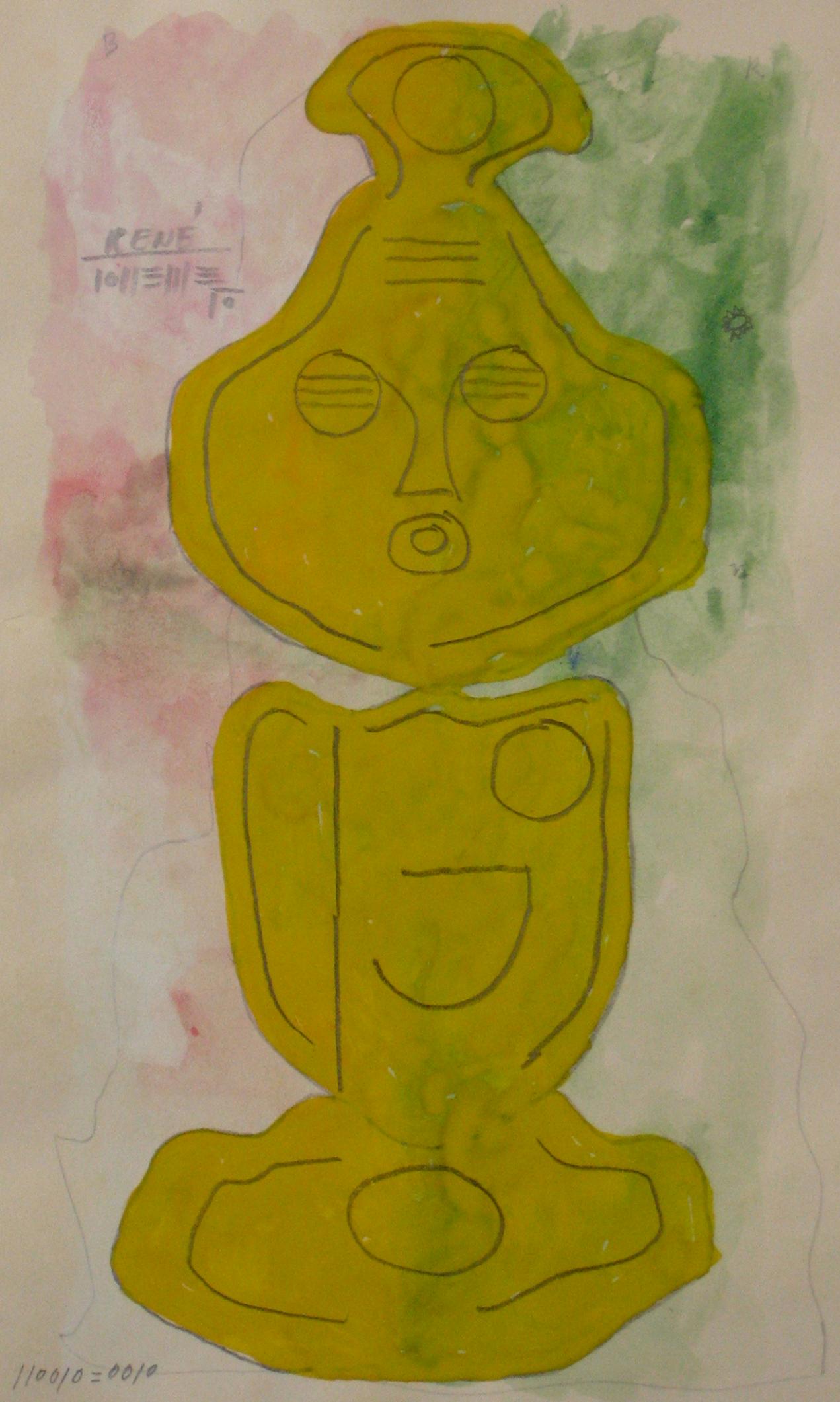 Abstracted Totemic Figure in Gouache with Mustard Yellow Green Pink - Art by Santos Rene Irizarry