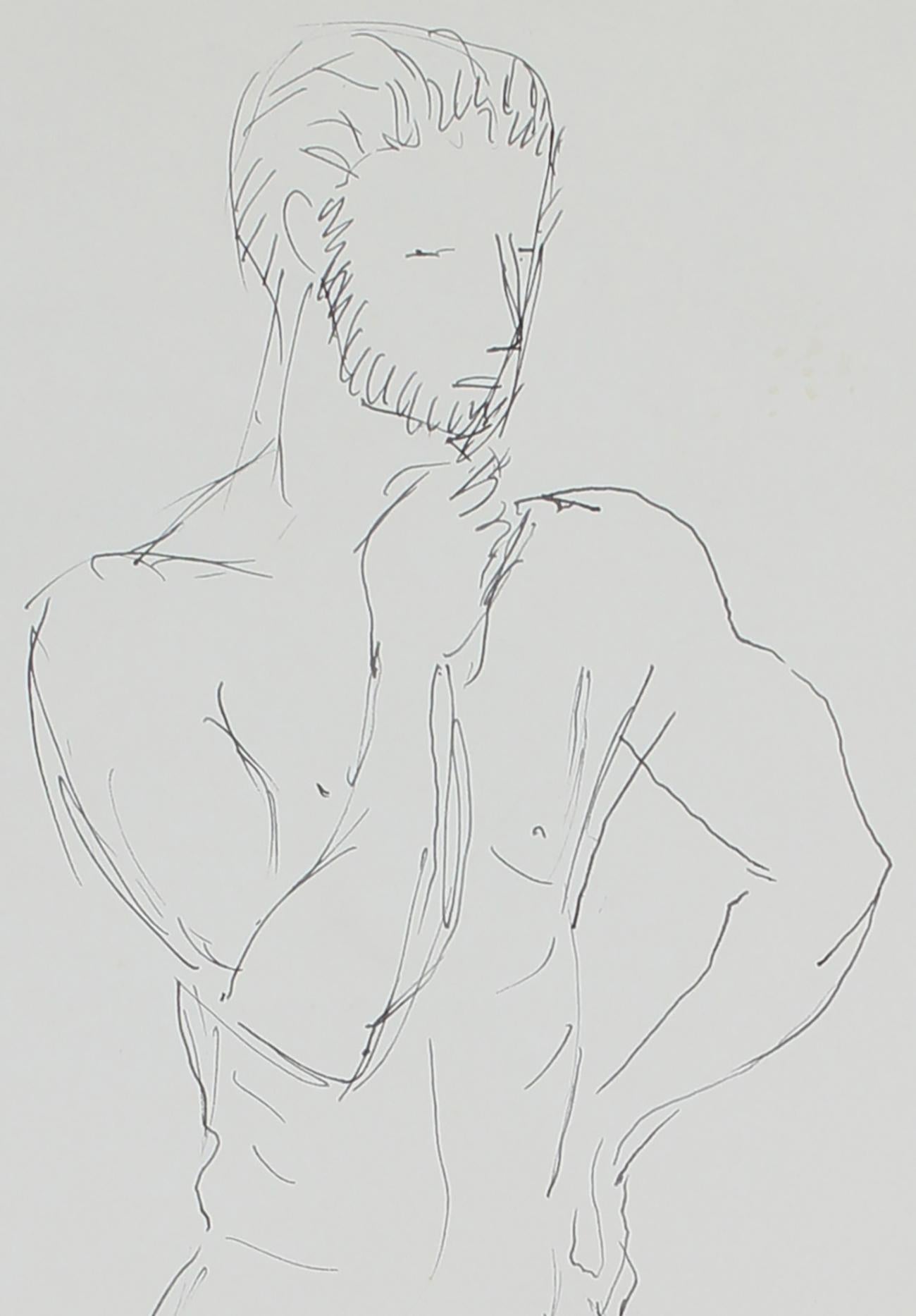 Male Figure Study, Ink on Paper, Mid 20th Century - Art by Richard Van Wingerden