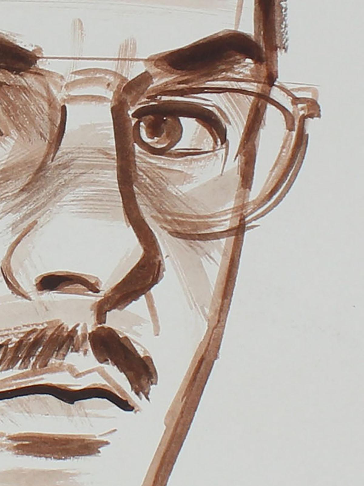 Self Portrait of the Artist w Glasses, Watercolor Painting in Brown, Circa 1940 For Sale 1