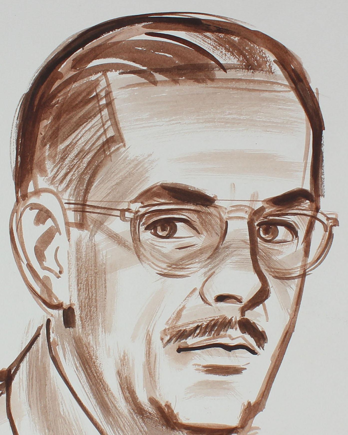 Self Portrait of the Artist w Glasses, Watercolor Painting in Brown, Circa 1940 For Sale 2