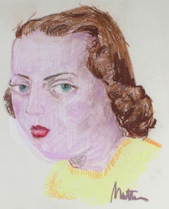 "Joan B." Portrait Illustration of Girl with Red Lipstick in Pastel, Circa 1945