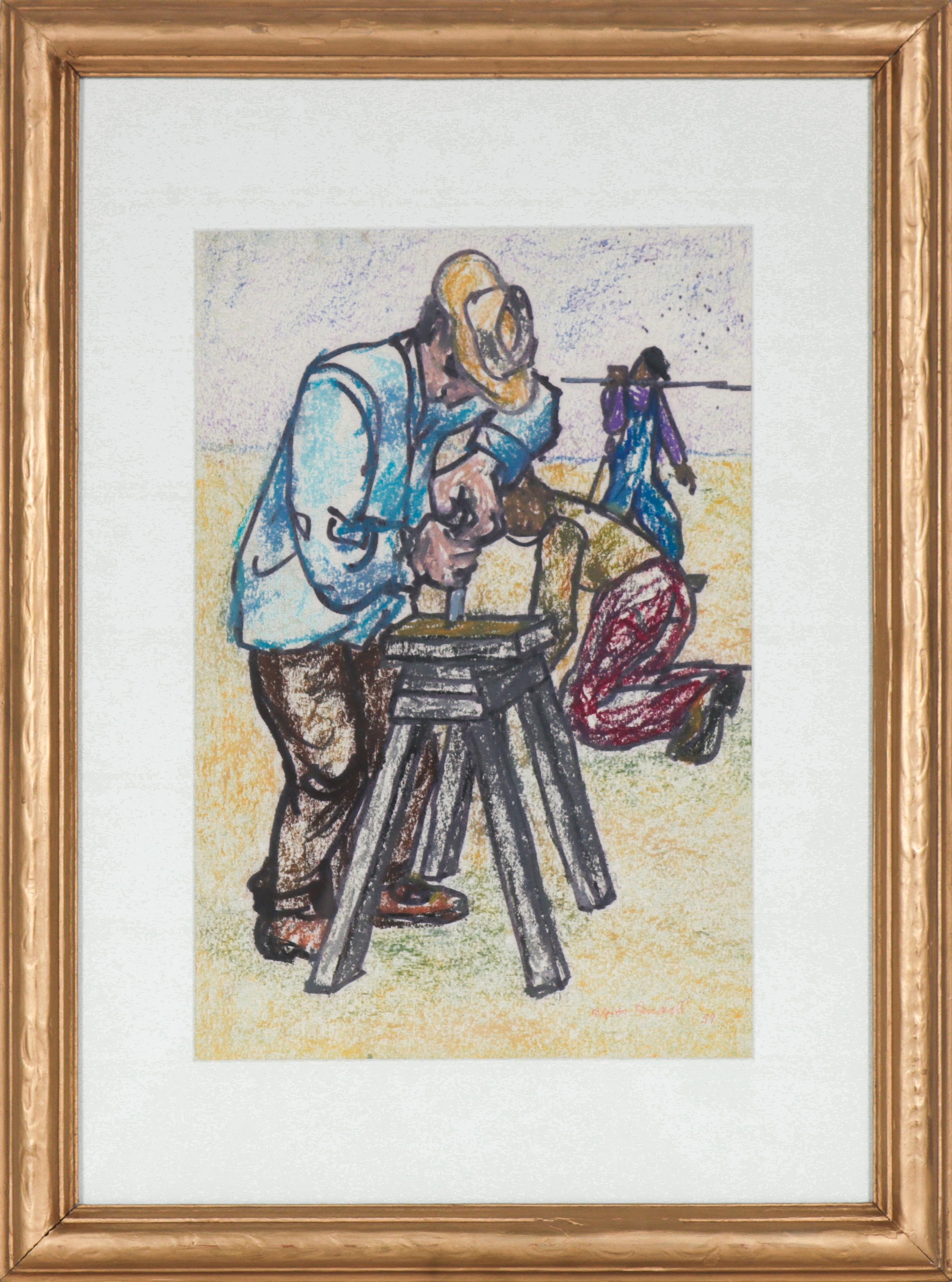 "Working Men" Pastel and Ink Drawing, 1959