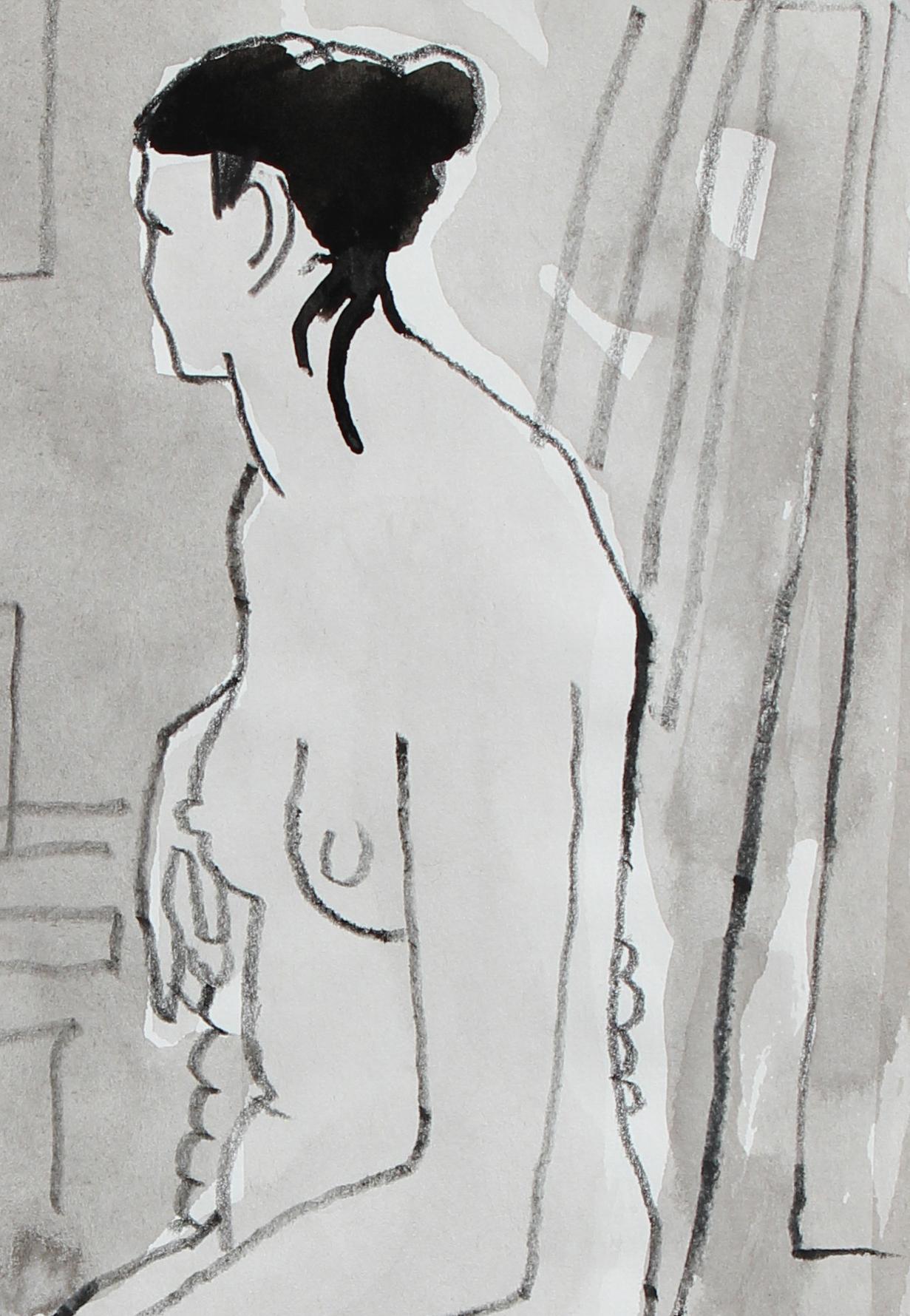 Female Figure Drawn in Drawing Class, Grey Ink Wash on Paper, 20th Century - Modern Art by Rip Matteson