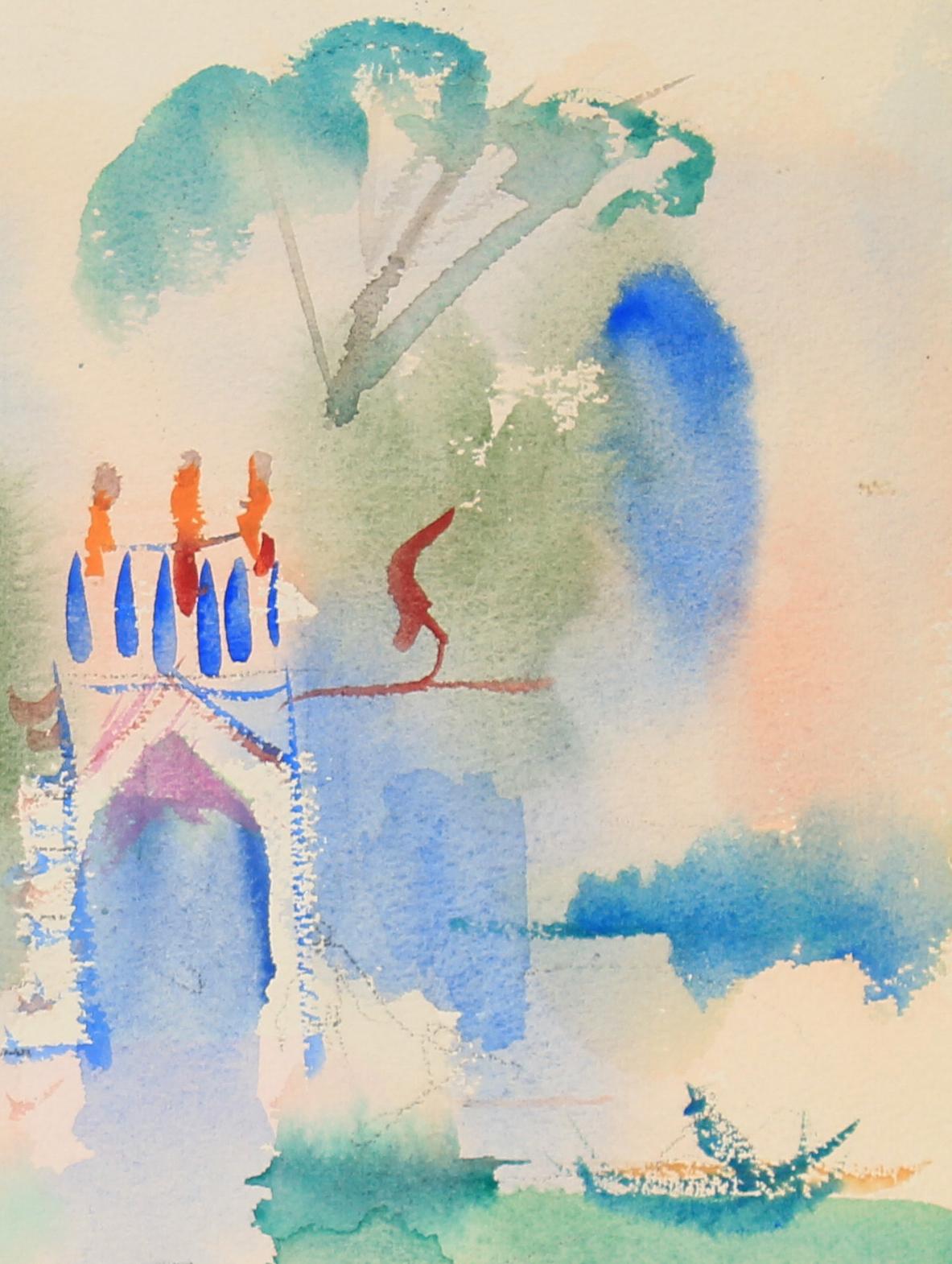 Abstracted Colorful Landscape in Watercolor with Swimmers, Mid 20th Century - Art by David Landis