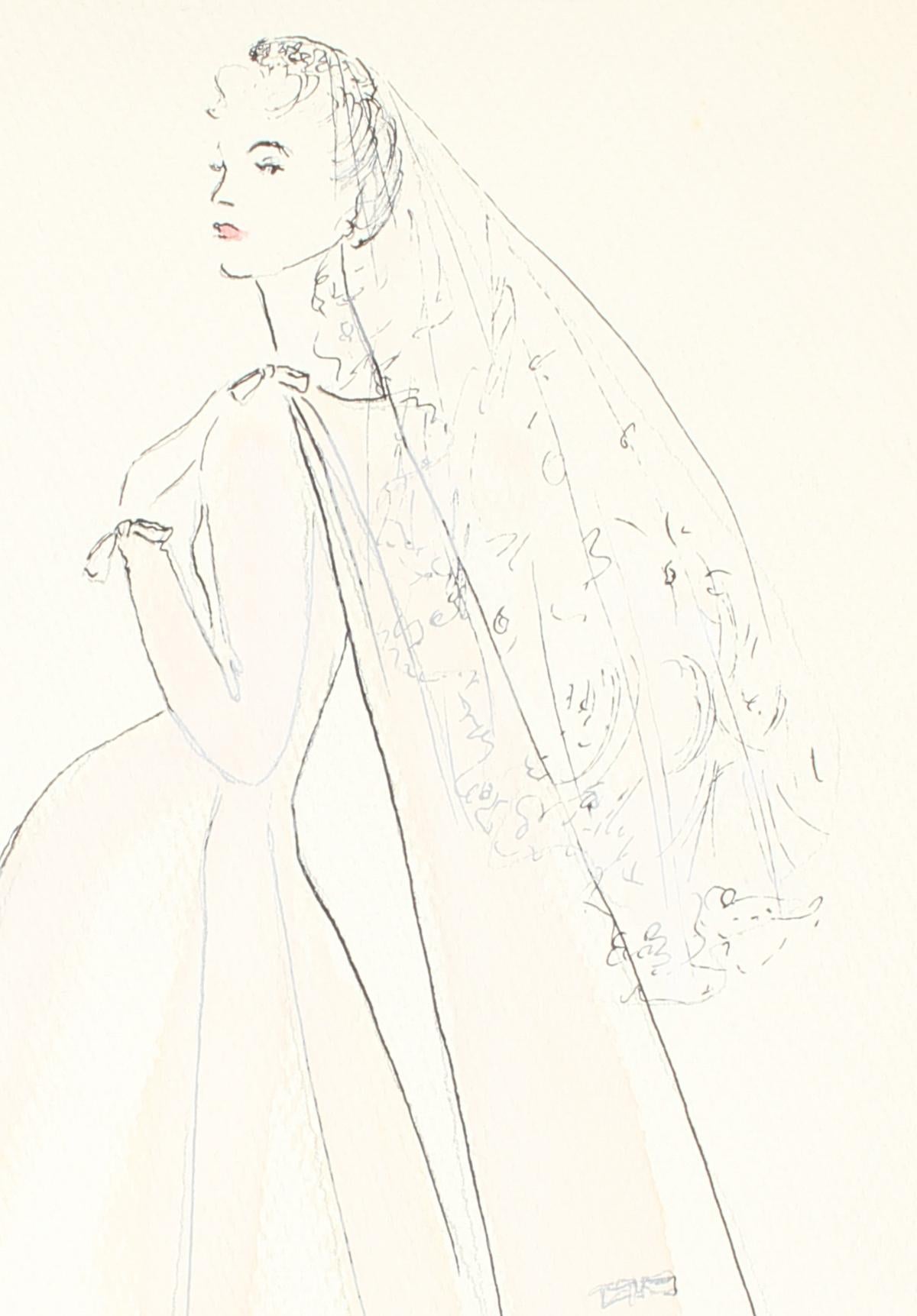 Delicate Wedding Dress Fashion Illustrations, Ink and Gouache Drawing, 1950s - Art by Gibson Bayh