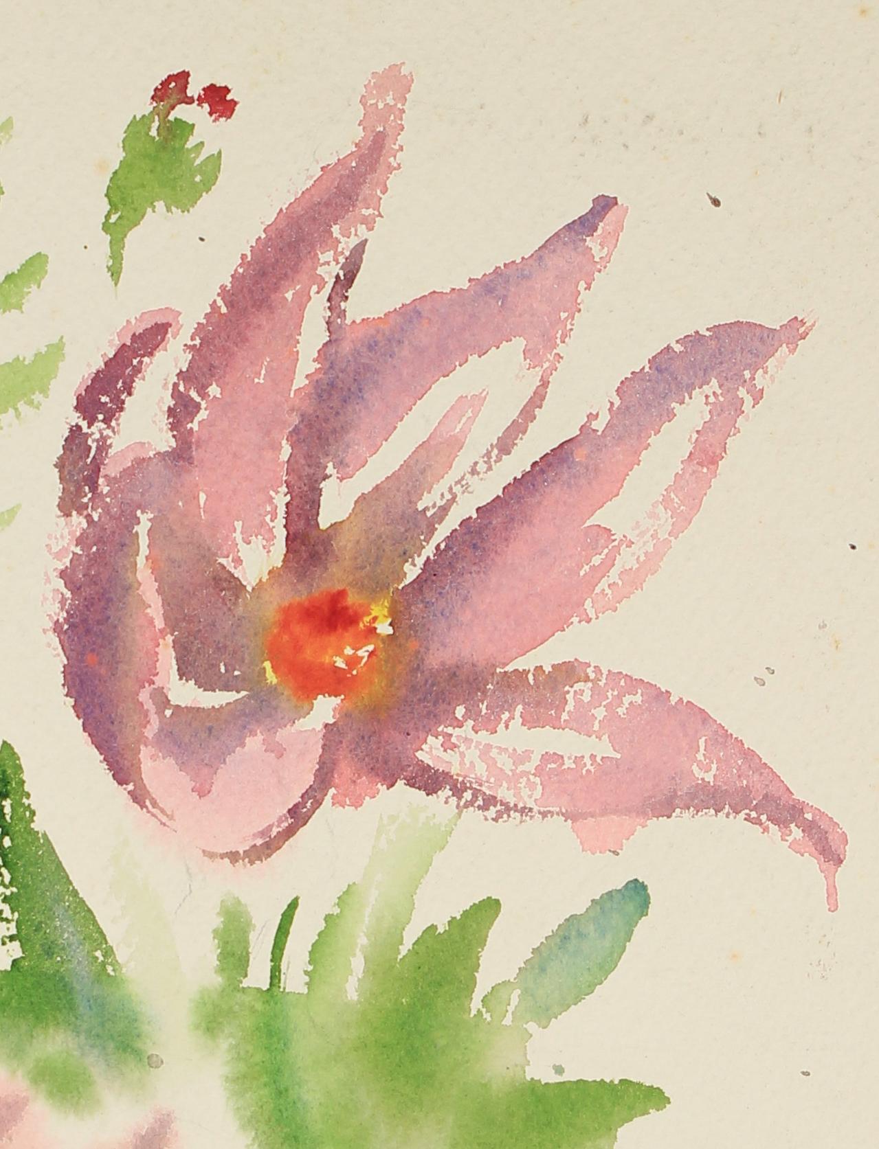 Delicate Flower Still Life in Watercolor with Pink and Purple, Mid Century - Art by David Landis