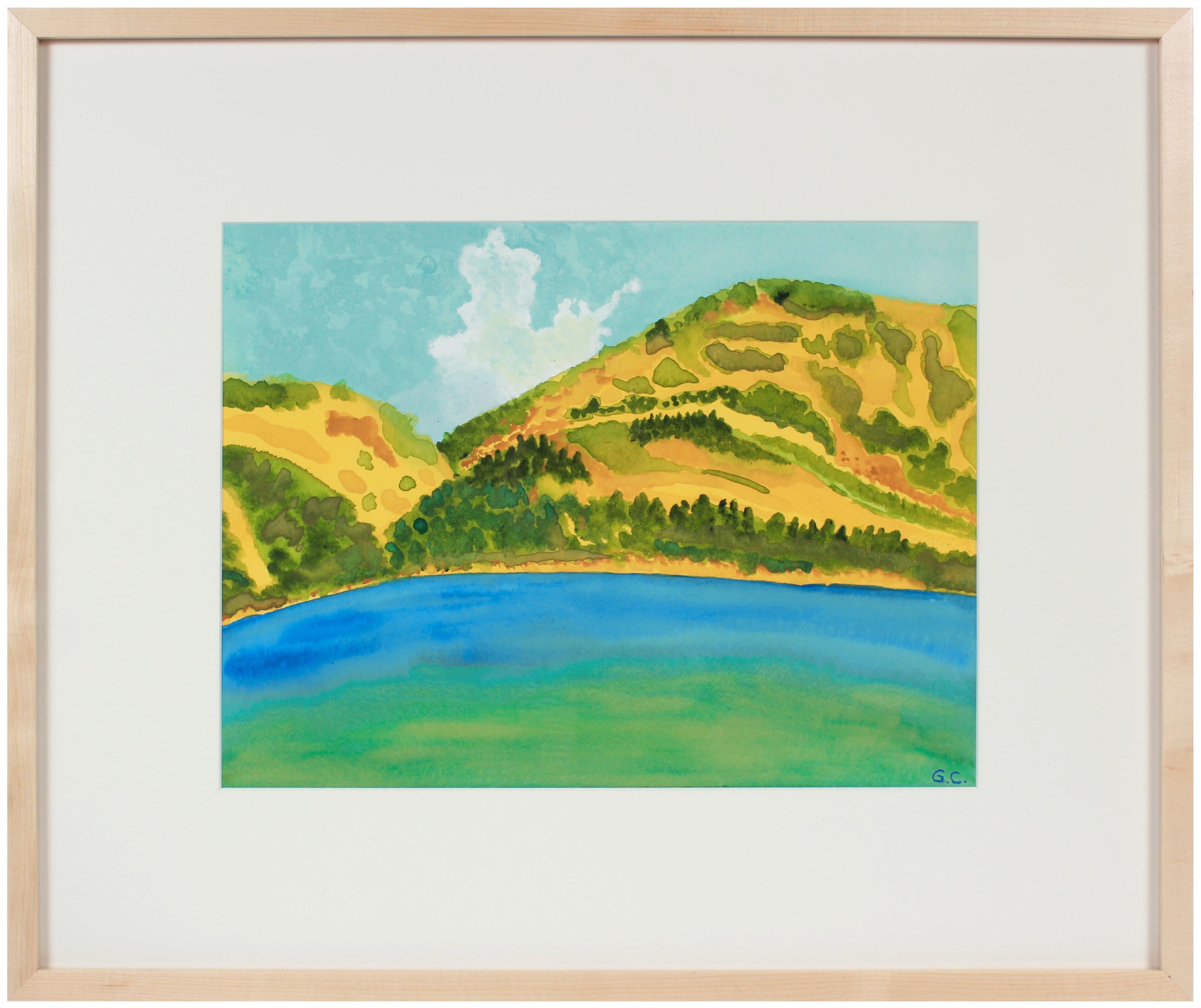 Gaétan Caron Landscape Art - "California Summer Lake" Mendocino Landscape in Watercolor, 2017