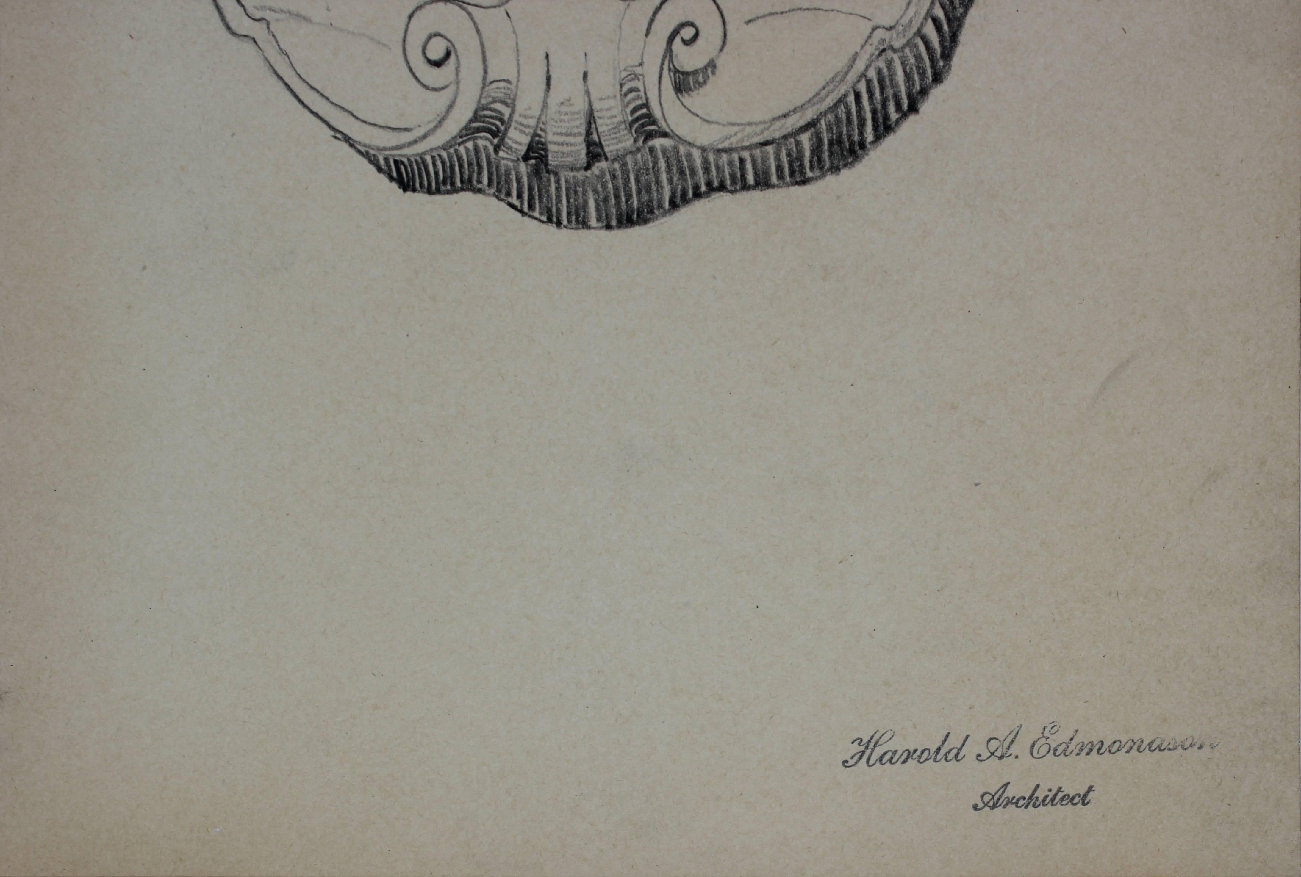 Seashell Architectural Detail Drawing in Graphite, 1920s - Art by Harold A. Edmondson