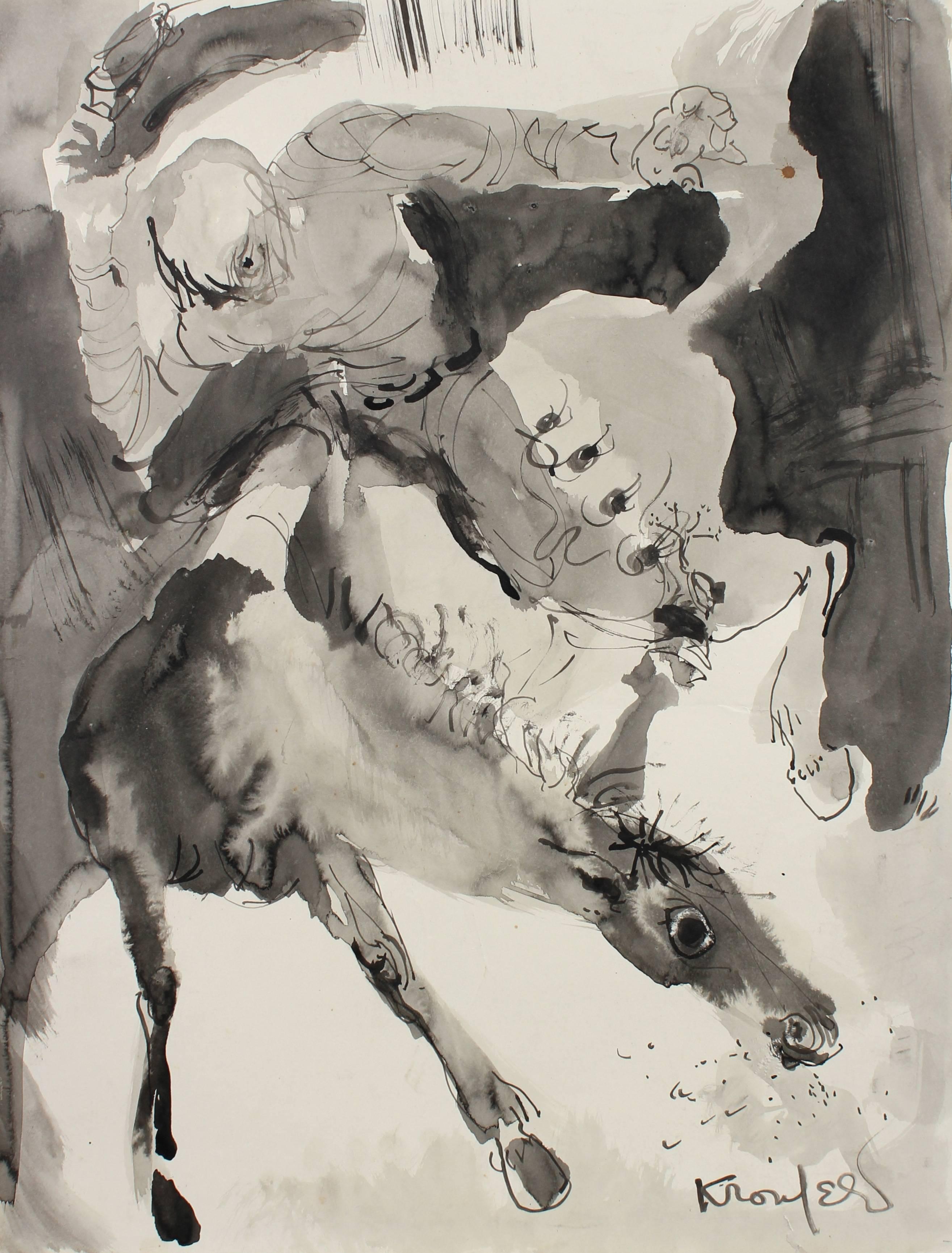 Cowboy and Horse, Monochromatic Ink Painting, Circa 1970s