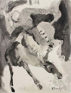 Retro Cowboy and Horse, Monochromatic Ink Painting, Circa 1970s