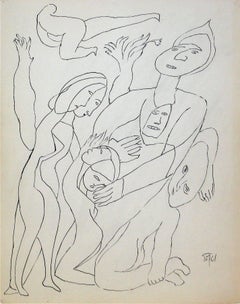Figurative Line Drawing in Ink, Early 20th Century