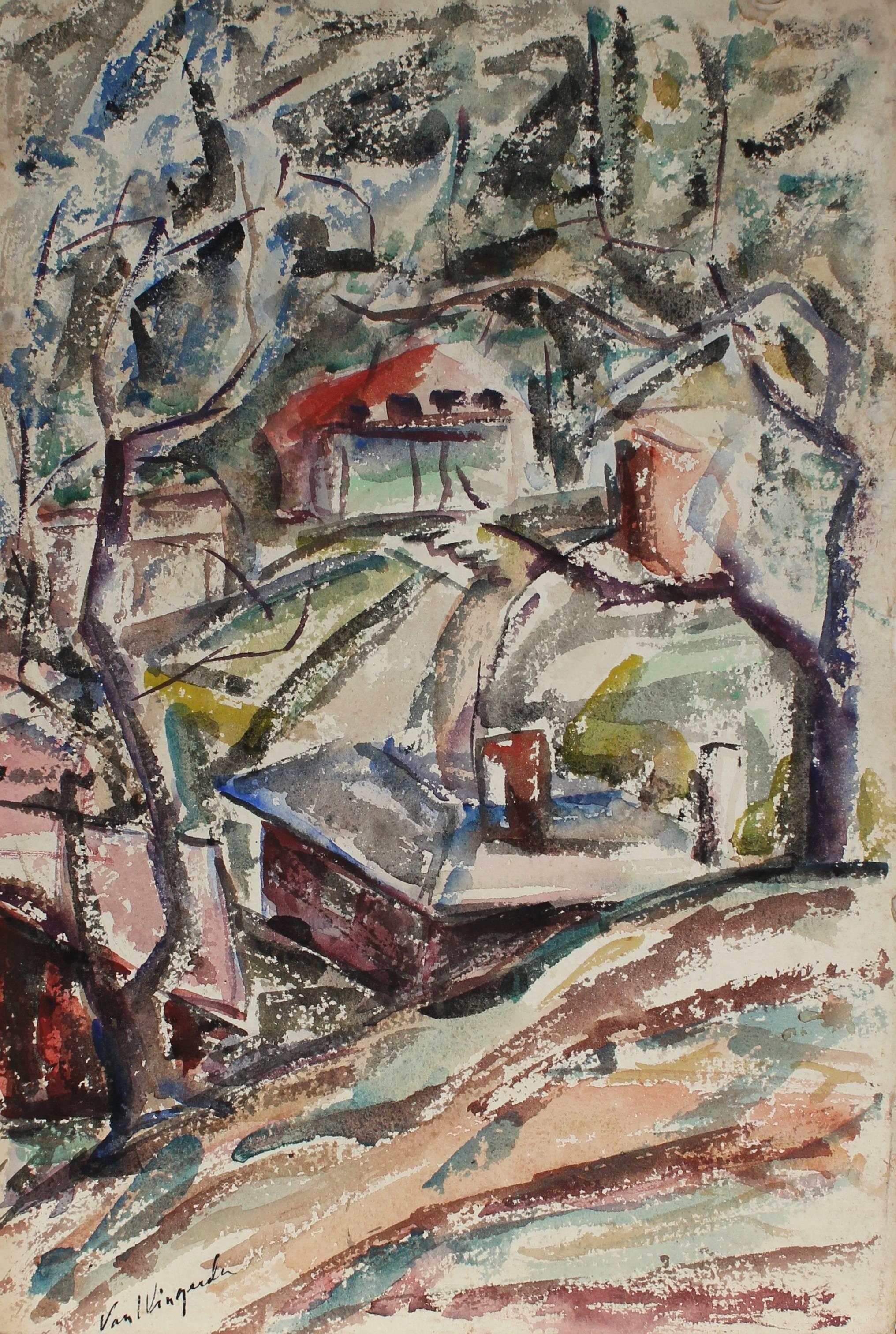 Houses in the Forest Landscape, Mid Century, Watercolor on Paper