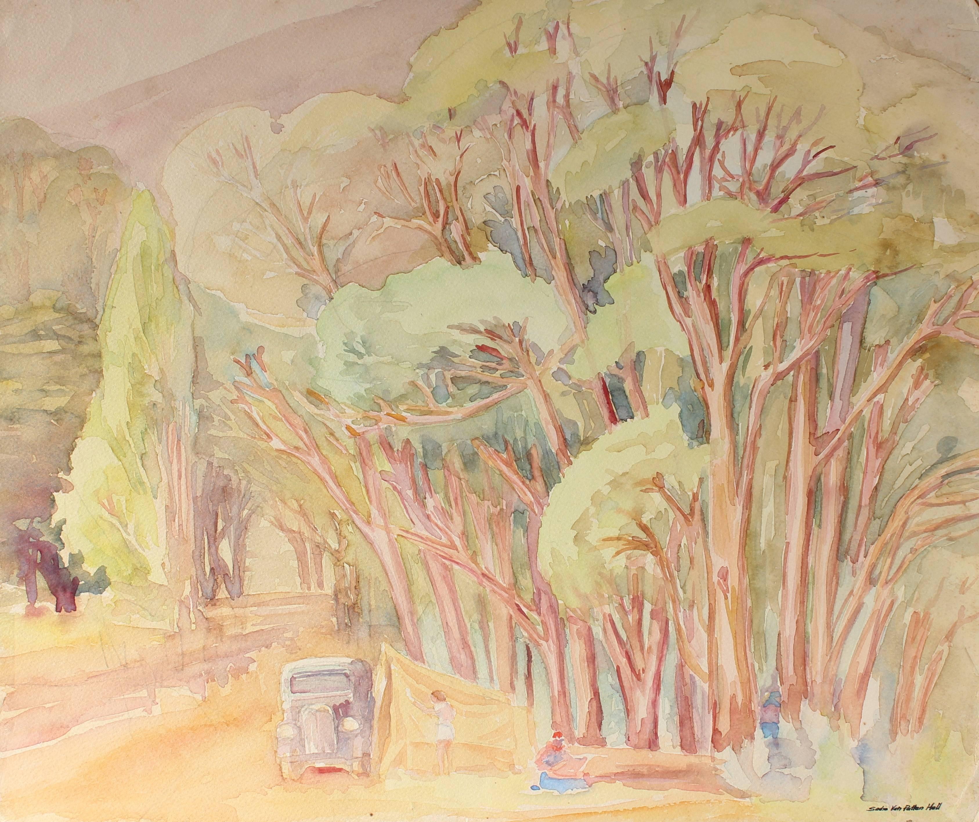 Sadie Van Patten Hall Landscape Art - California Landscape with Eucalyptus, Watercolor Painting, Mid 20th Century 