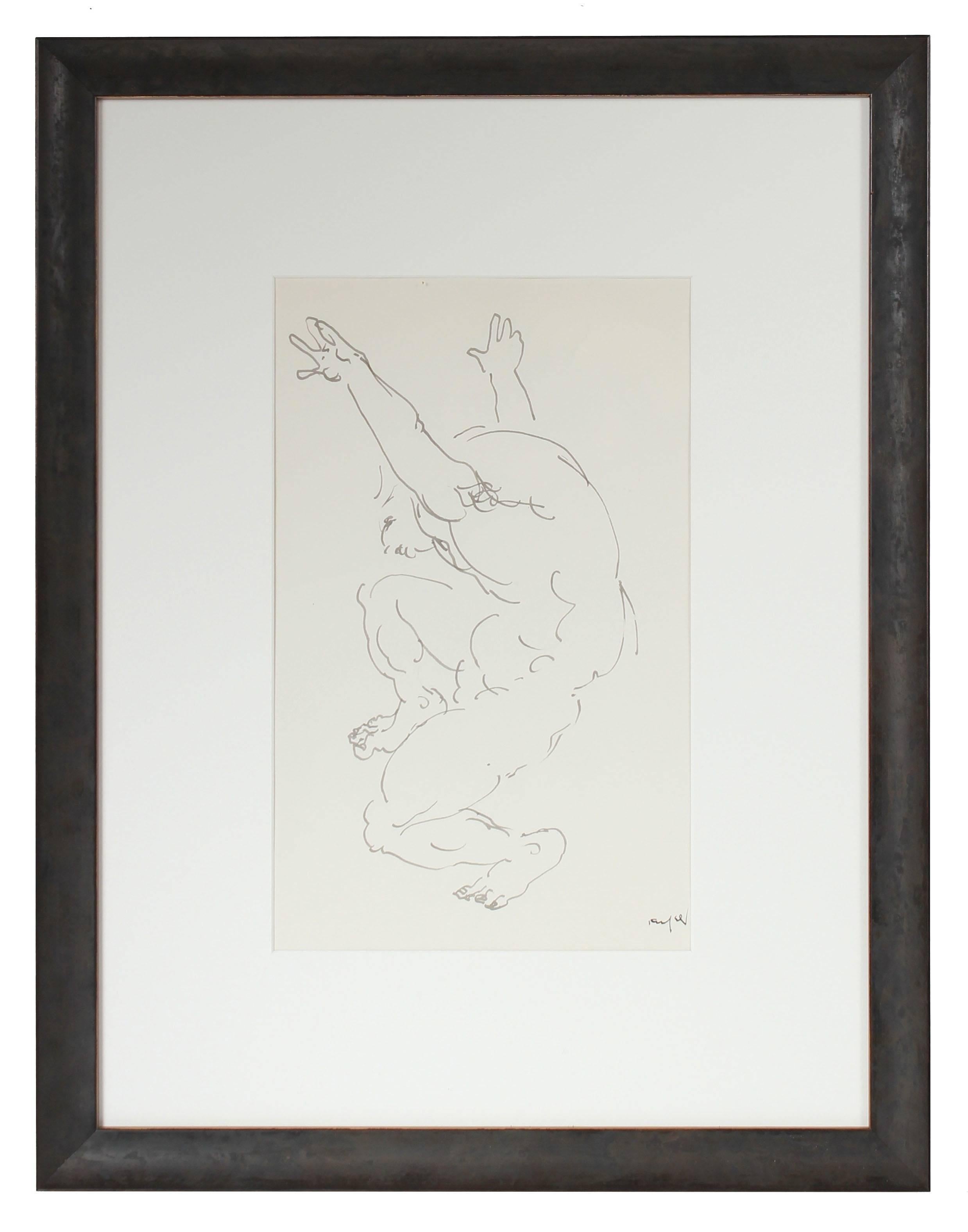 Framed Monochromatic Figure in Ink, 20th Century - Art by Morris Kronfeld