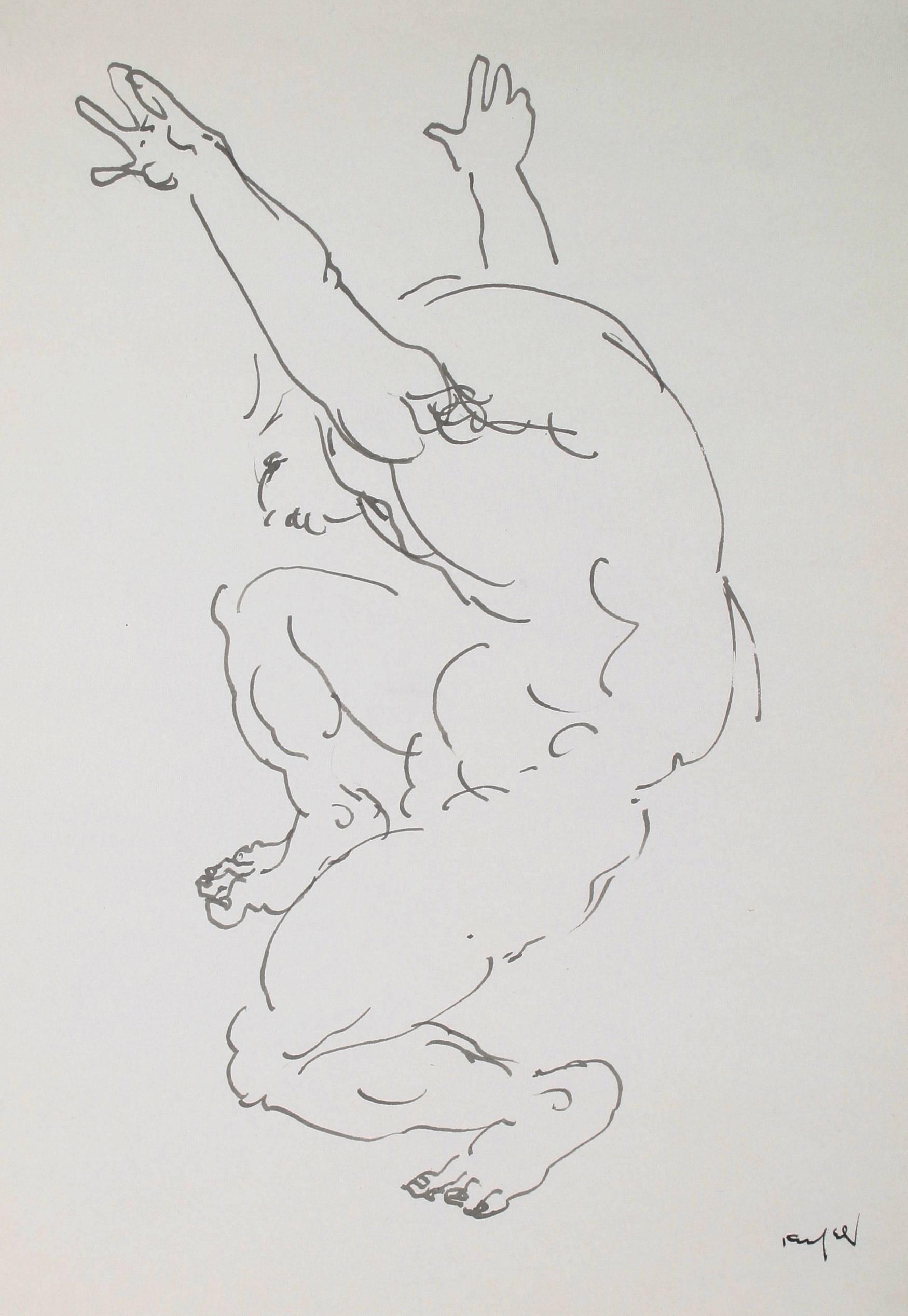 Morris Kronfeld Nude - Framed Monochromatic Figure in Ink, 20th Century