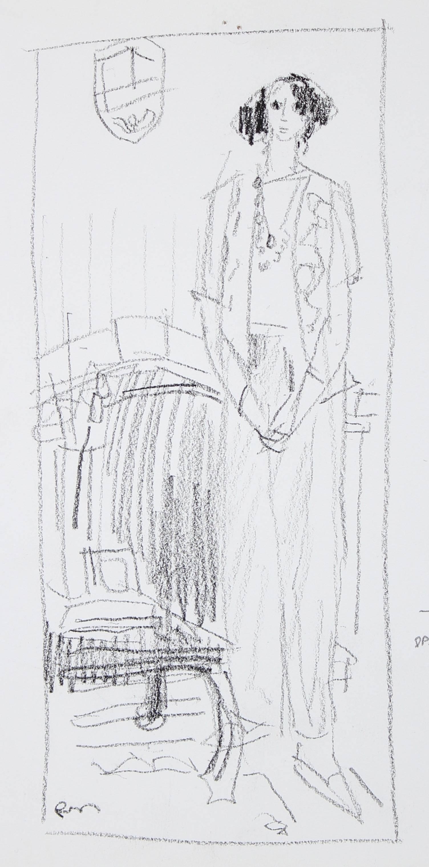 Monochromatic Female Figure, Ink Wash on Paper, 20th Century
