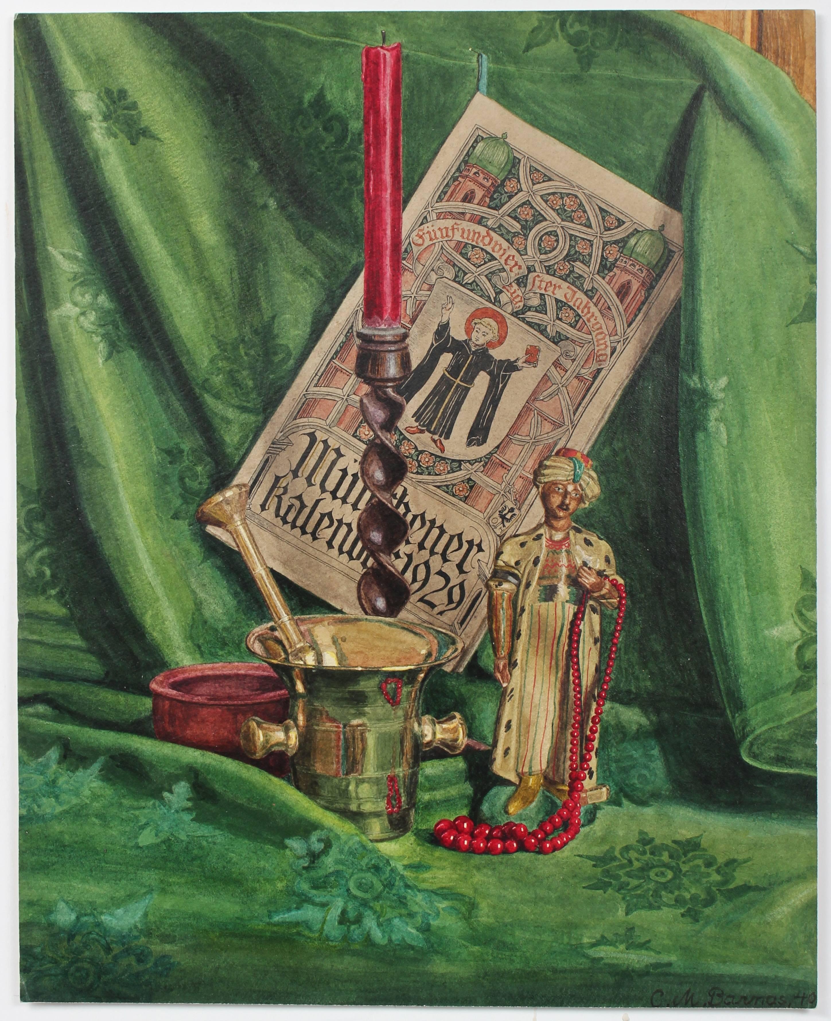 Mary Pomeroy Still-Life - Detailed Still Life in Green, Oil on Paper, 1940