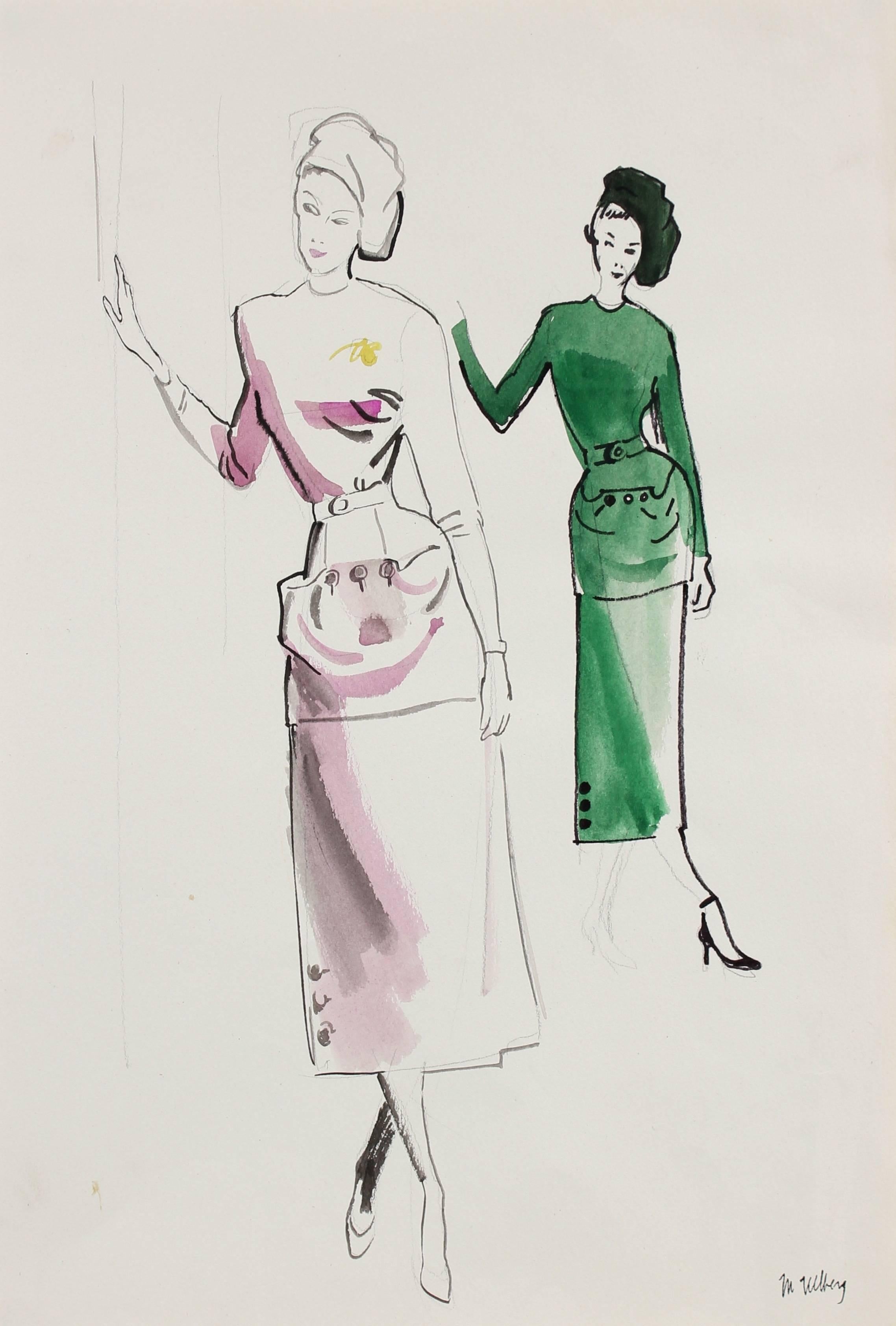 Marjorie Ullberg Figurative Art – Modeillustration in Gouache aus der Mitte des Jahrhunderts, um 1950