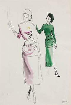 Mid Century Fashion Illustration in Gouache, Circa 1950