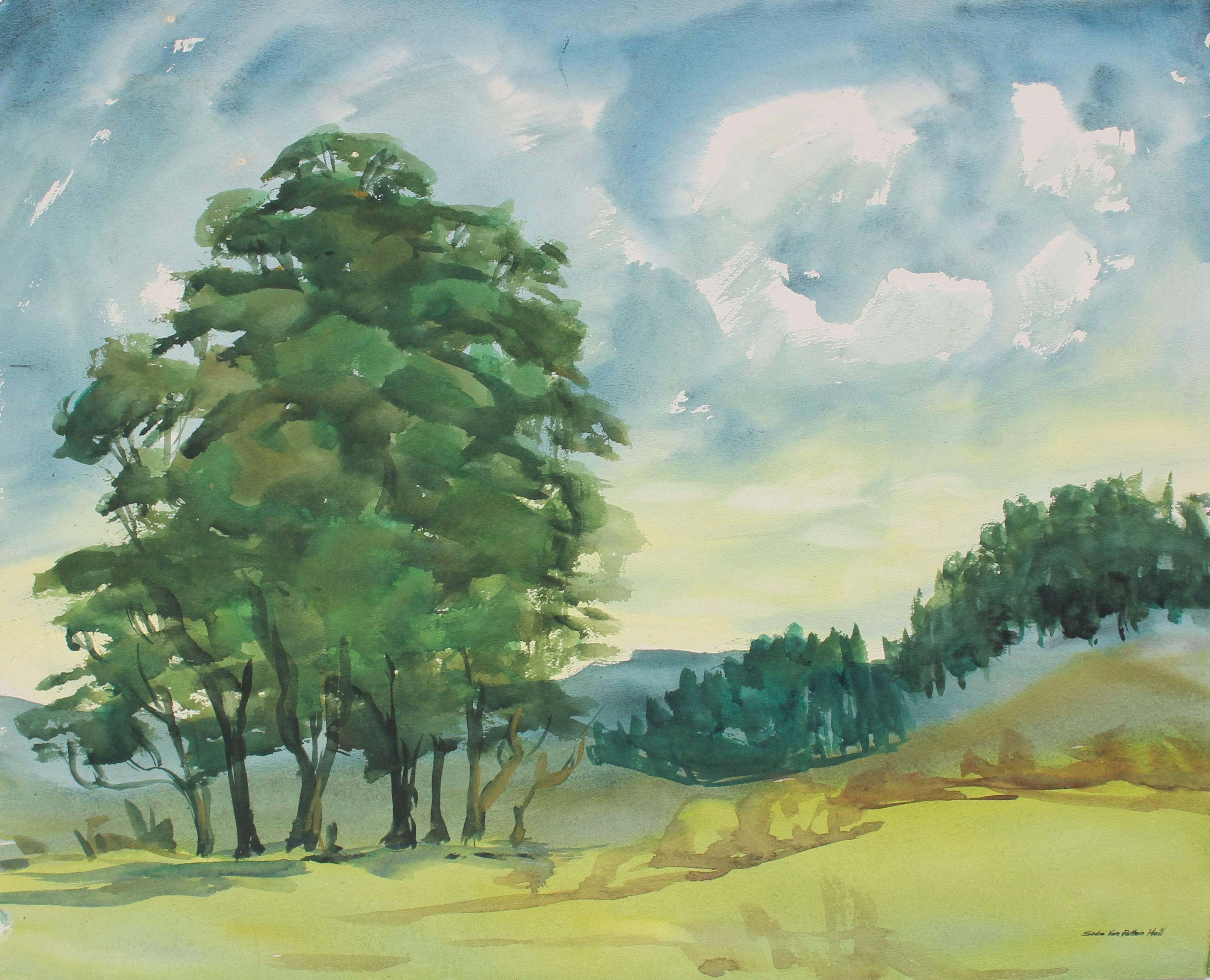 Sadie Van Patten Hall Landscape Art - California Landscape with Trees, Mid 20th Century Watercolor Painting