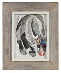 Modernist Illustration of a Bull, Ink and Pastel Drawing, 1968