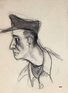 Portrait of a Man in a Hat, Charcoal Drawing, Mid 20th Century
