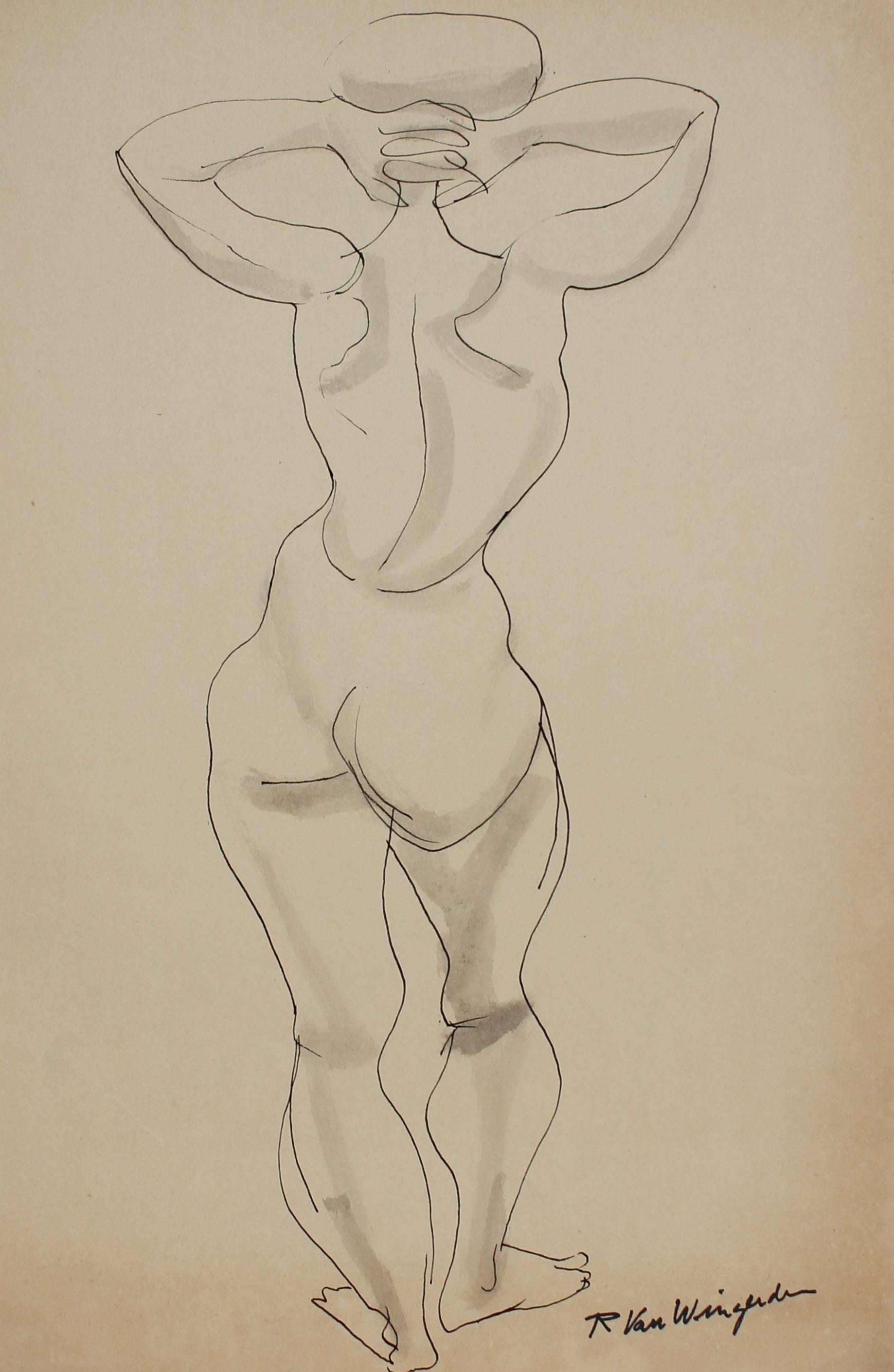 Monochromatic Expressionist Figure in Ink, Mid 20th Century