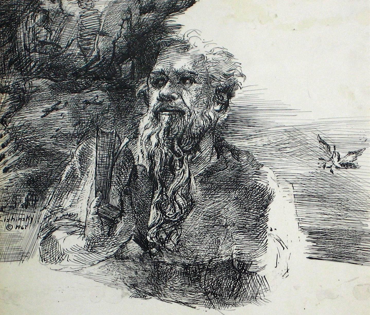 Mid Century Portrait Sketch of a Man in Ink, 1967 - American Modern Art by Saul Lishinsky