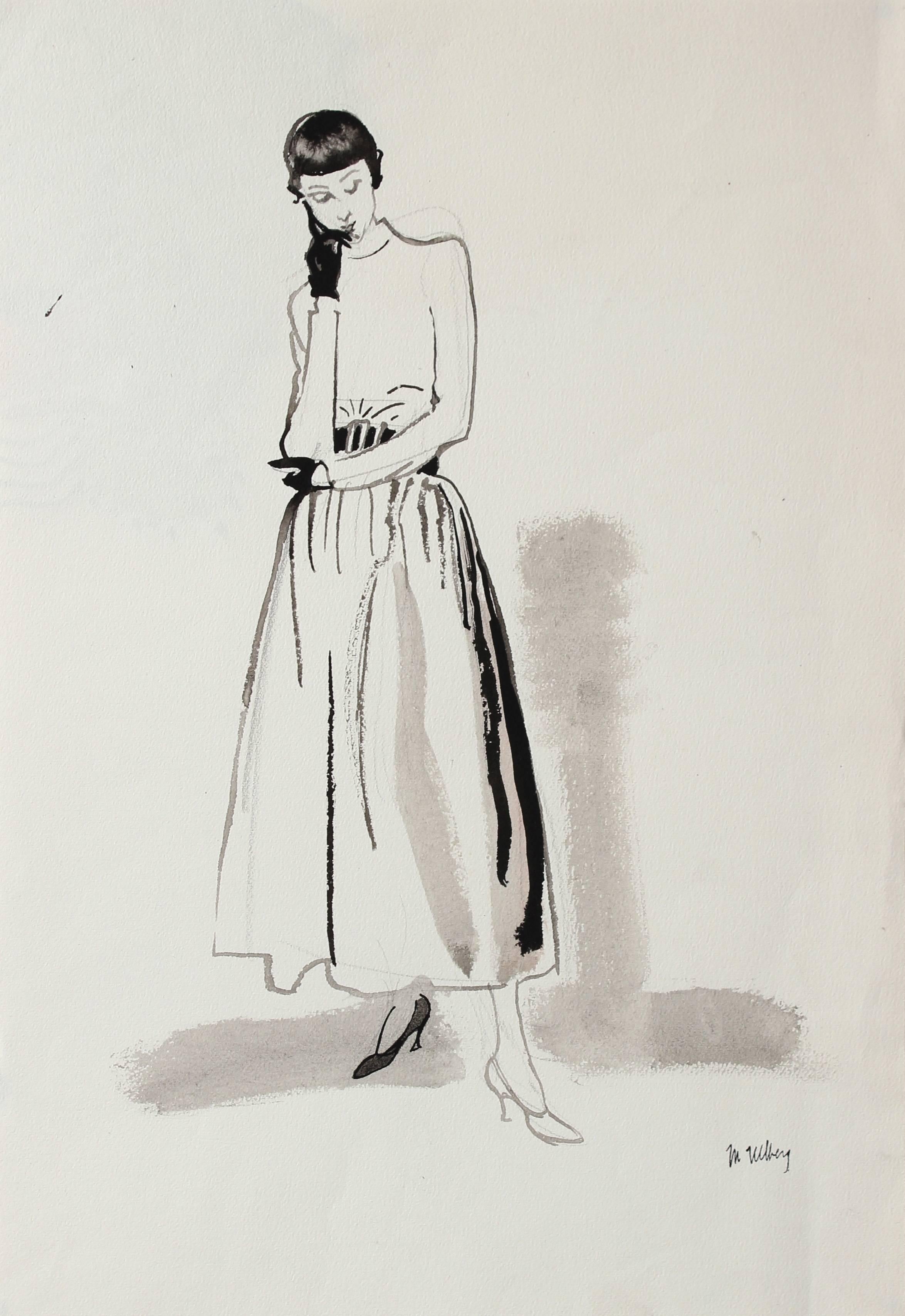 Marjorie Ullberg Figurative Art - Mid Century Skirt and Top Fashion Illustration in Black Ink, Circa 1950