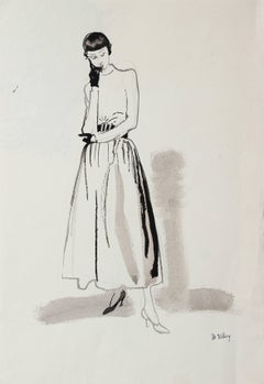 Mid Century Skirt and Top Fashion Illustration in Black Ink, Circa 1950