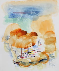 Retro Bright Harbor with Boats, Watercolor Painting, Late 20th Century