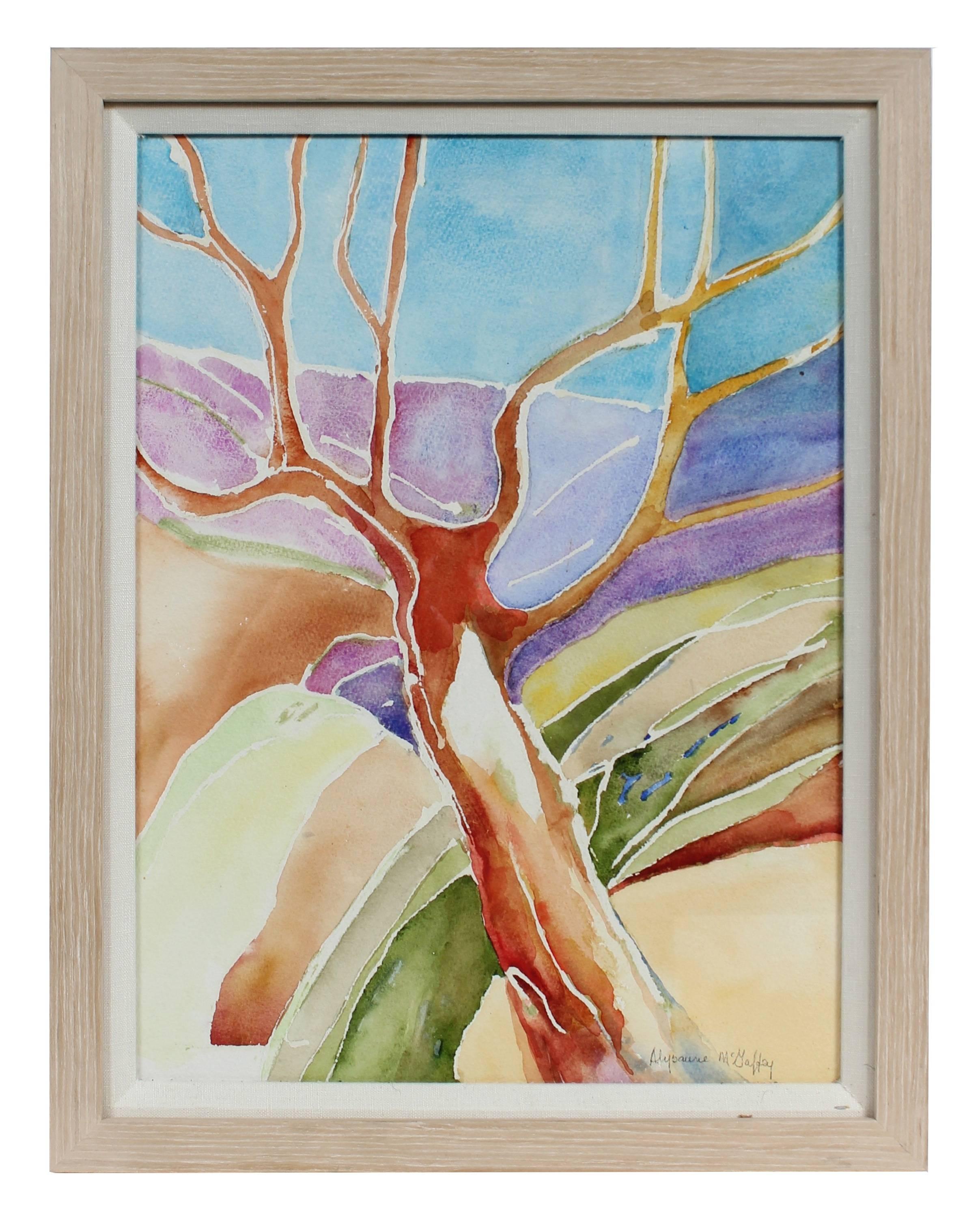 Alysanne McGaffey Landscape Art - Colorful Tree in a Landscape, Watercolor Painting, Late 20th Century