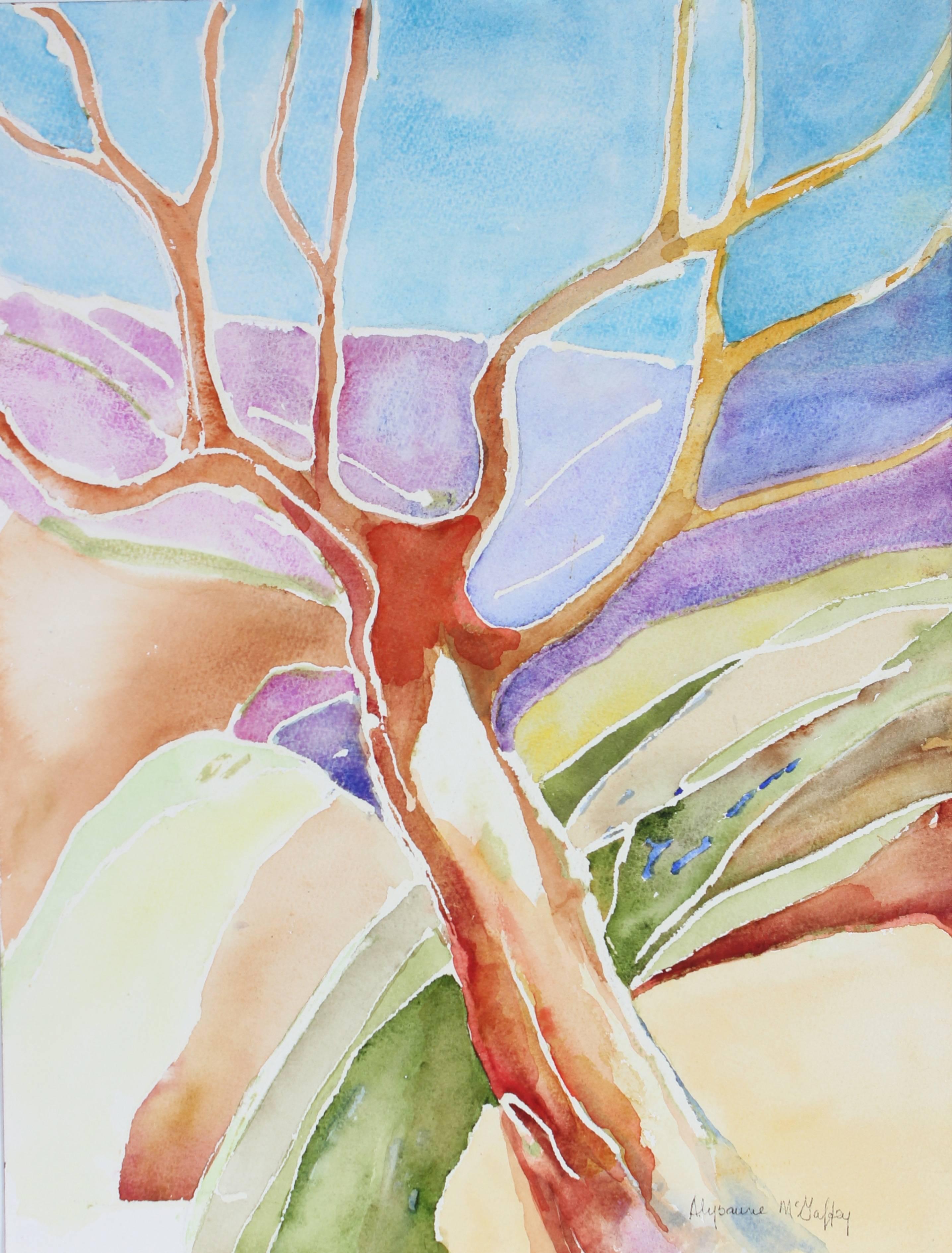 Colorful Tree in a Landscape, Watercolor Painting, Late 20th Century - American Modern Art by Alysanne McGaffey