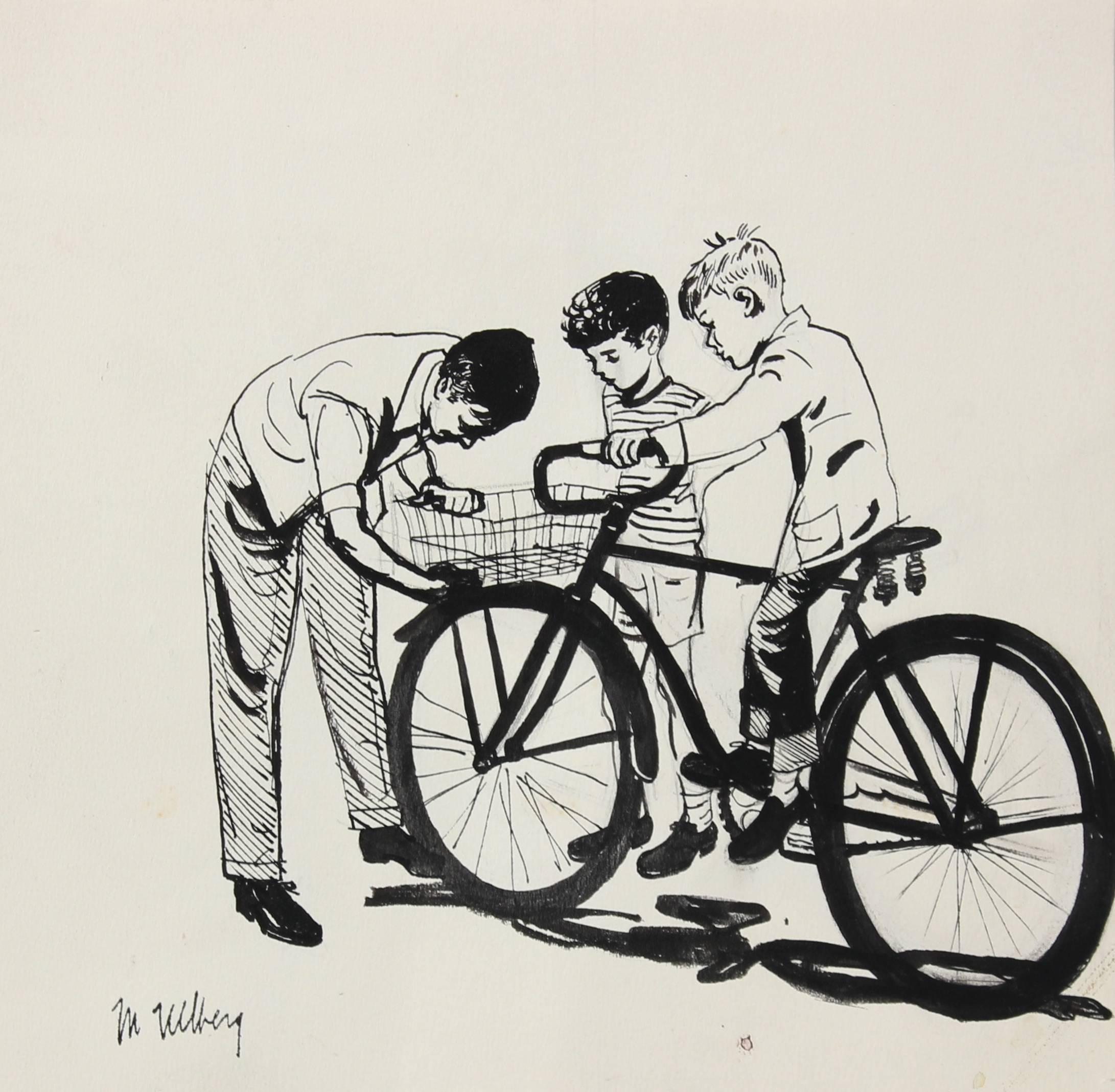 Marjorie Ullberg Figurative Art - Mid Century Illustration of Kids and Bicycle, Black Ink, Circa 1950