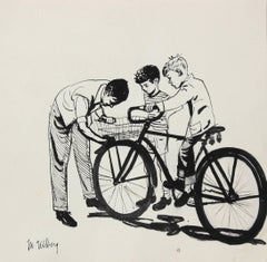 Mid Century Illustration of Kids and Bicycle, Black Ink, Circa 1950