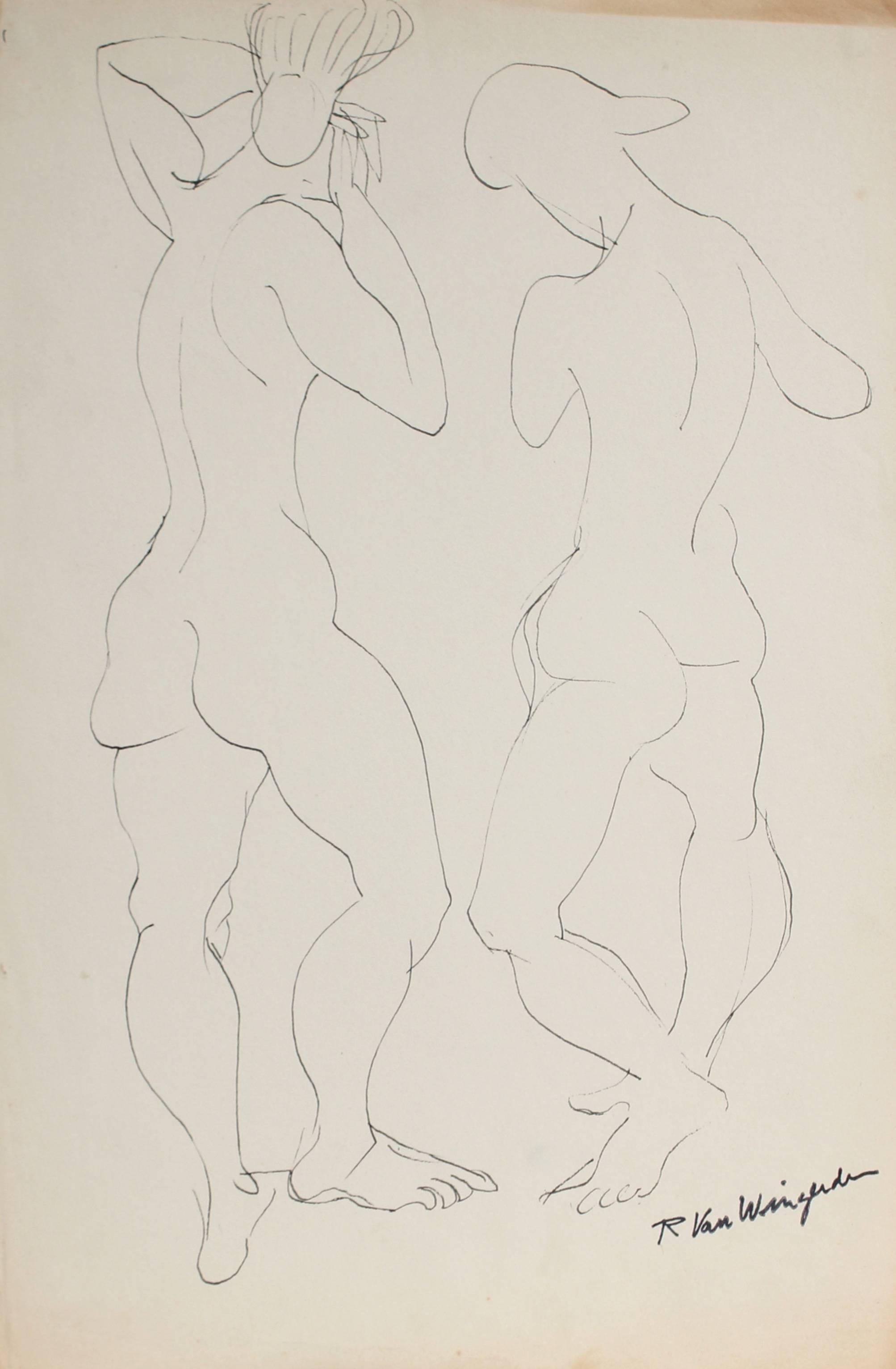 Two Expressionist Figures in Ink, Mid 20th Century