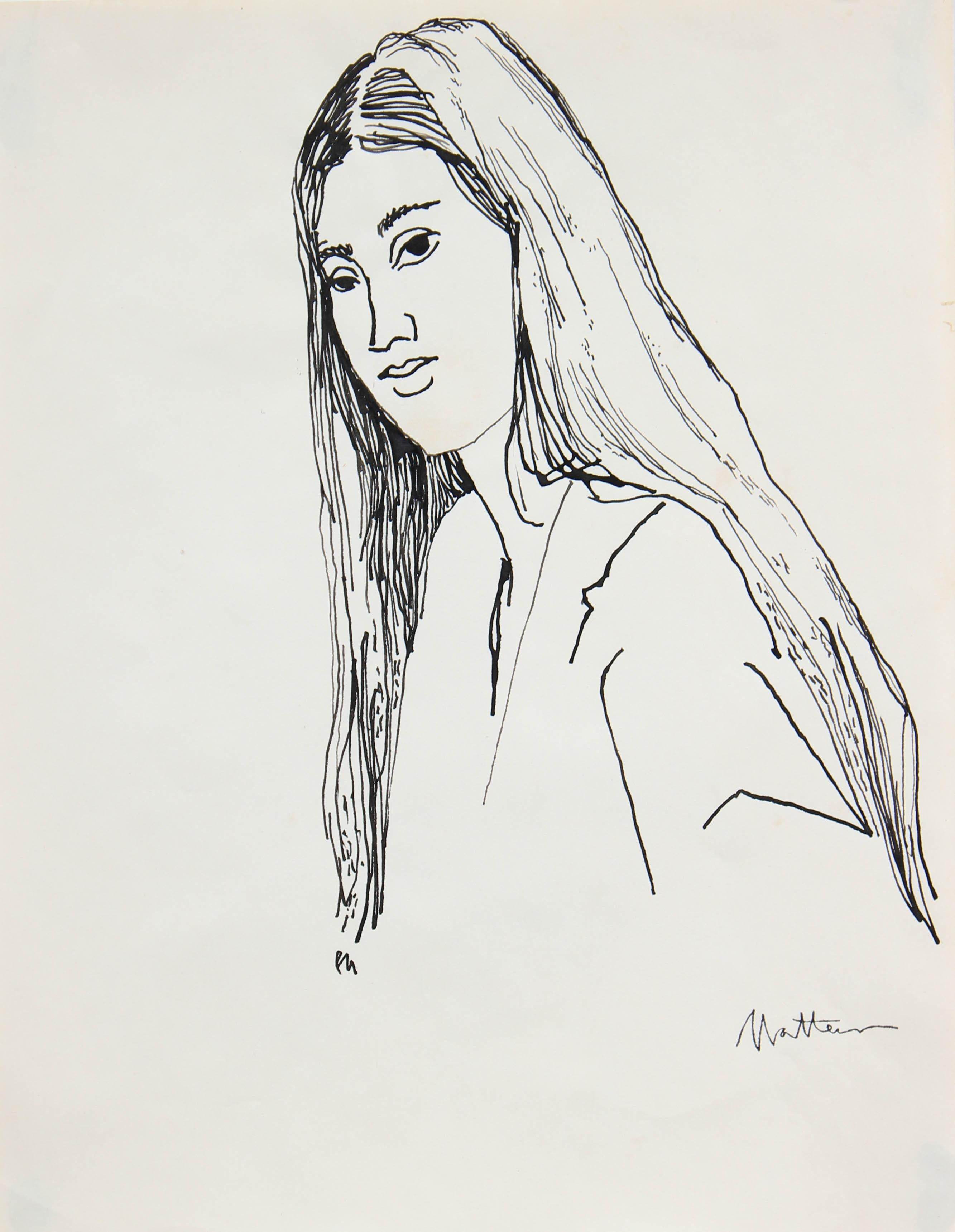 Portrait of a Woman with Long Hair, Ink on Paper, 20th Century
