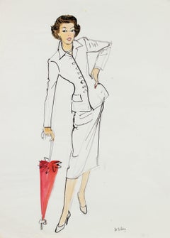 Woman in White Suit, Mid Century Fashion Illustration, Circa 1950