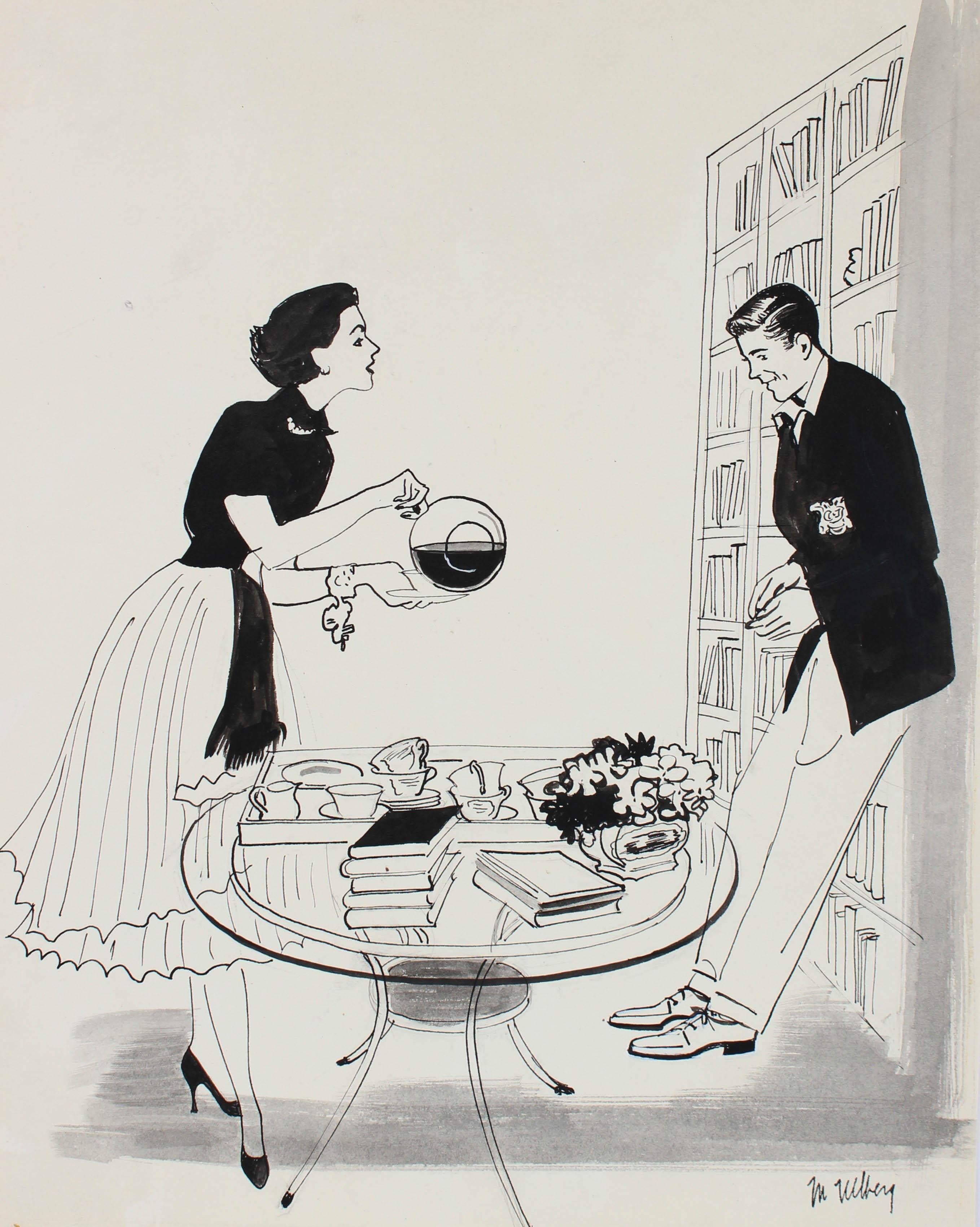 Marjorie Ullberg Figurative Art - Couple with Coffee, Mid Century Illustration in Ink, Circa 1950