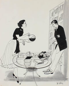 Couple with Coffee, Mid Century Illustration in Ink, Circa 1950
