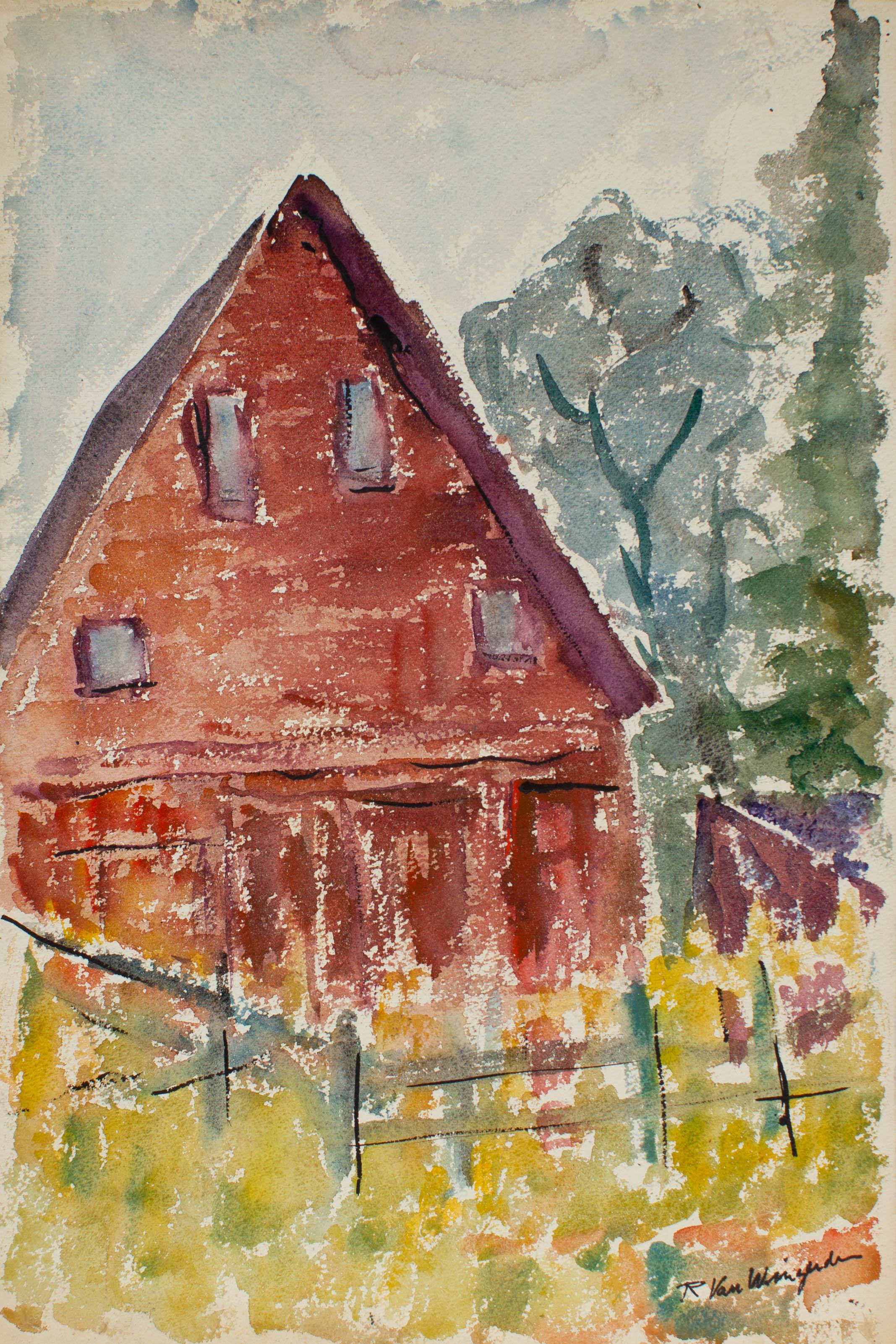Richard Van Wingerden Red House with Picket Fence, Watercolor