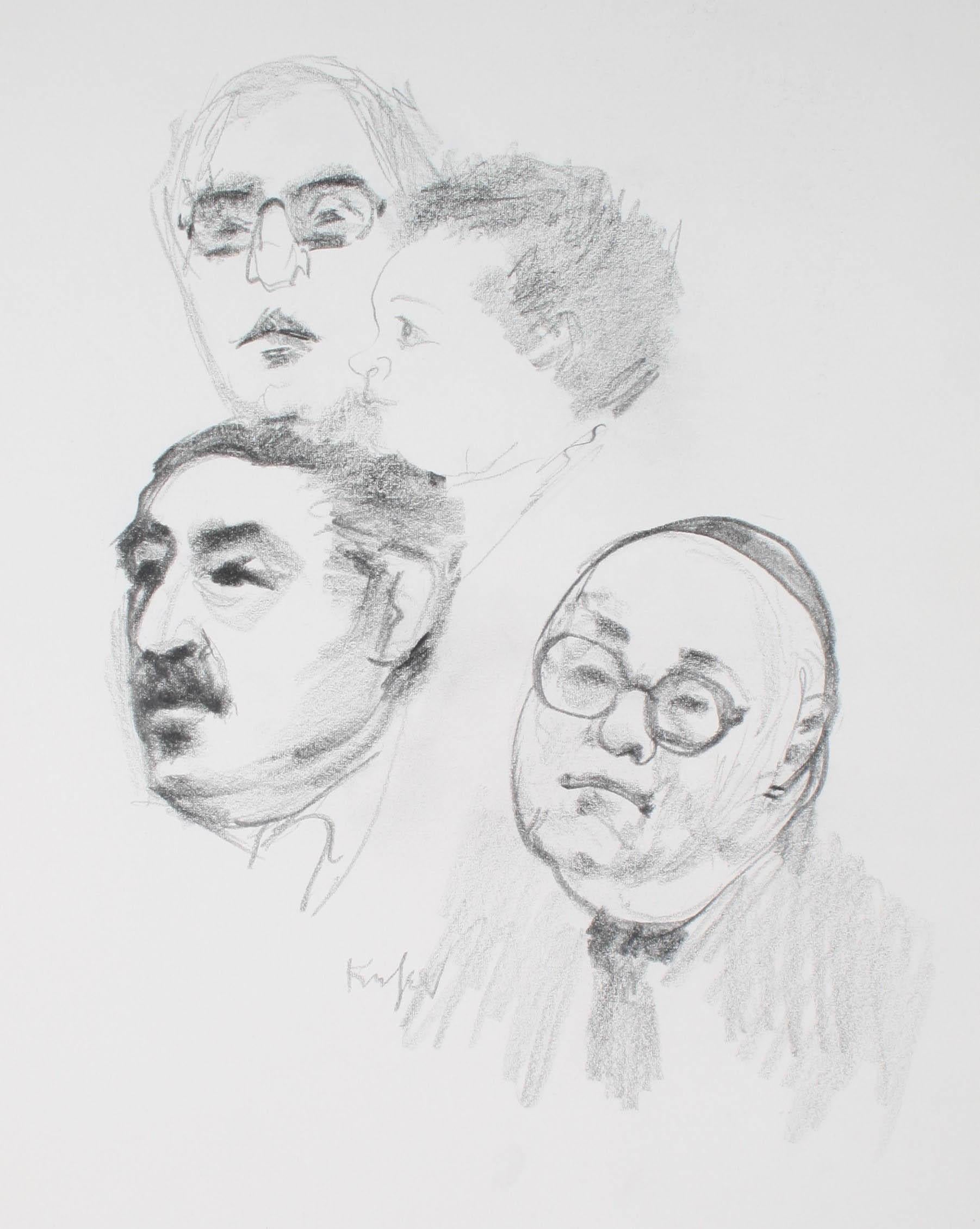 This mid to late 20th century graphite on paper drawing featuring portraits of men is by Morris Kronfeld (1914-2011) was a New York Modernist artist.  He studied art, biology, & art history at Brooklyn College and received a master's degree at NYU.