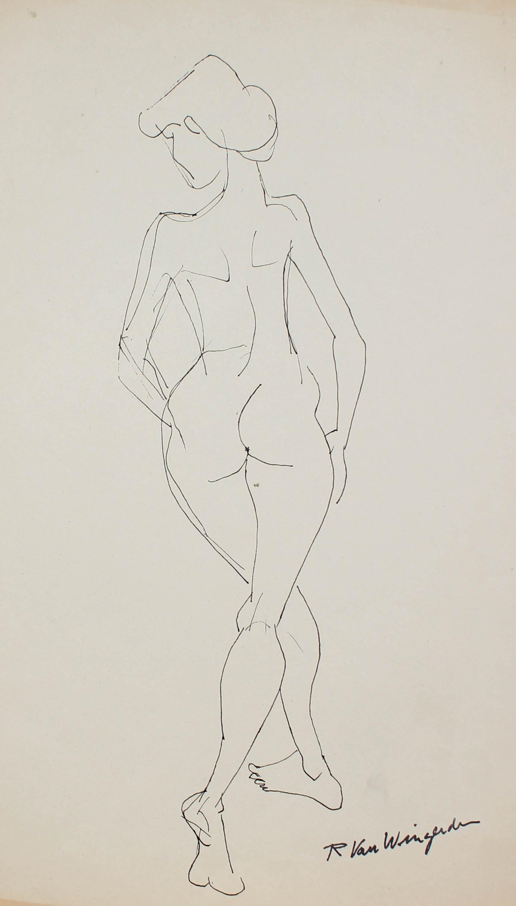 Expressionist Female Figure in Ink, Mid 20th Century
