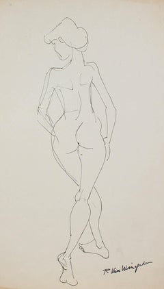 Expressionist Female Figure in Ink, Mid 20th Century
